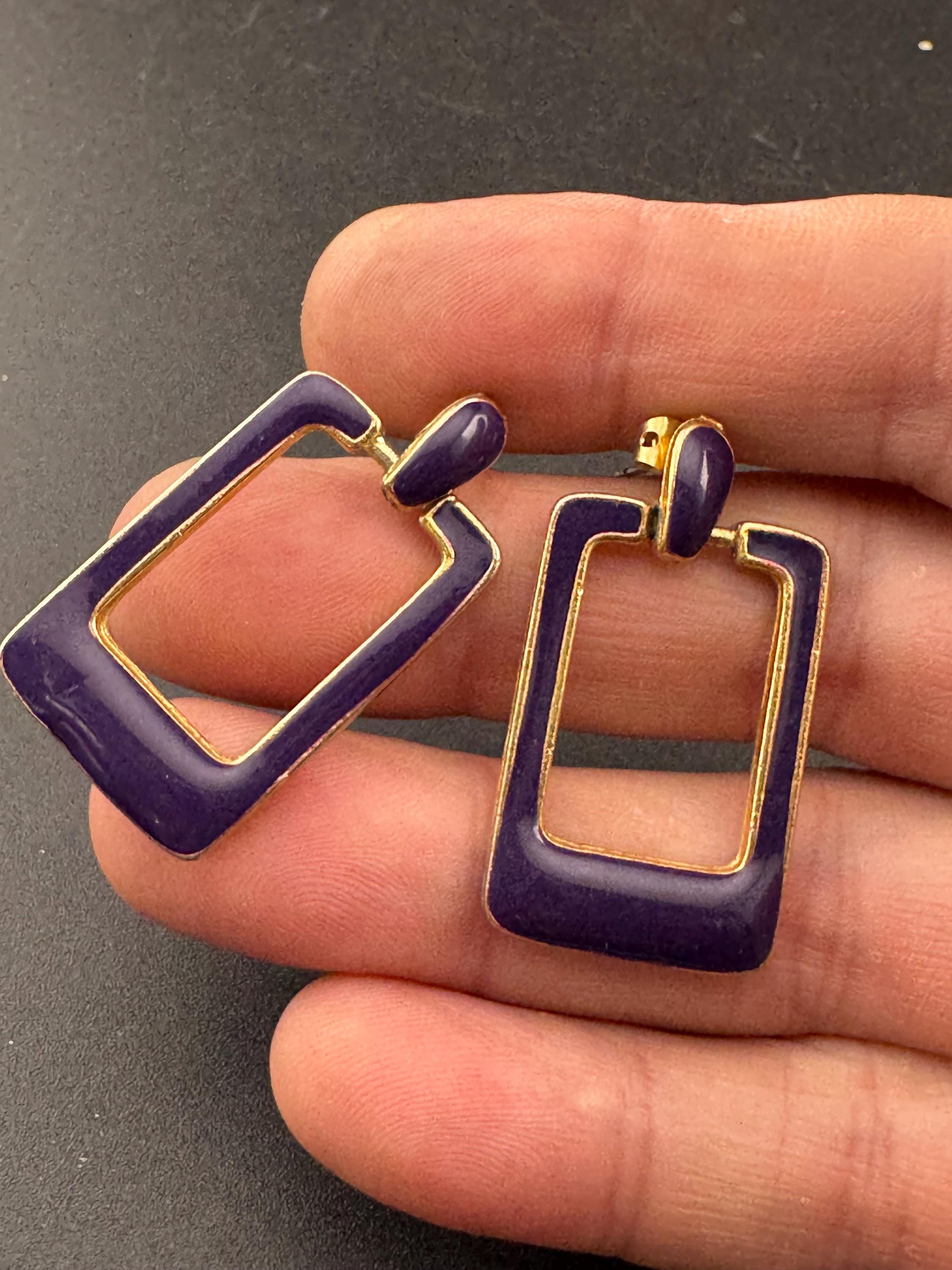 Vintage purple enamel door knocker drop earrings for pierced ears