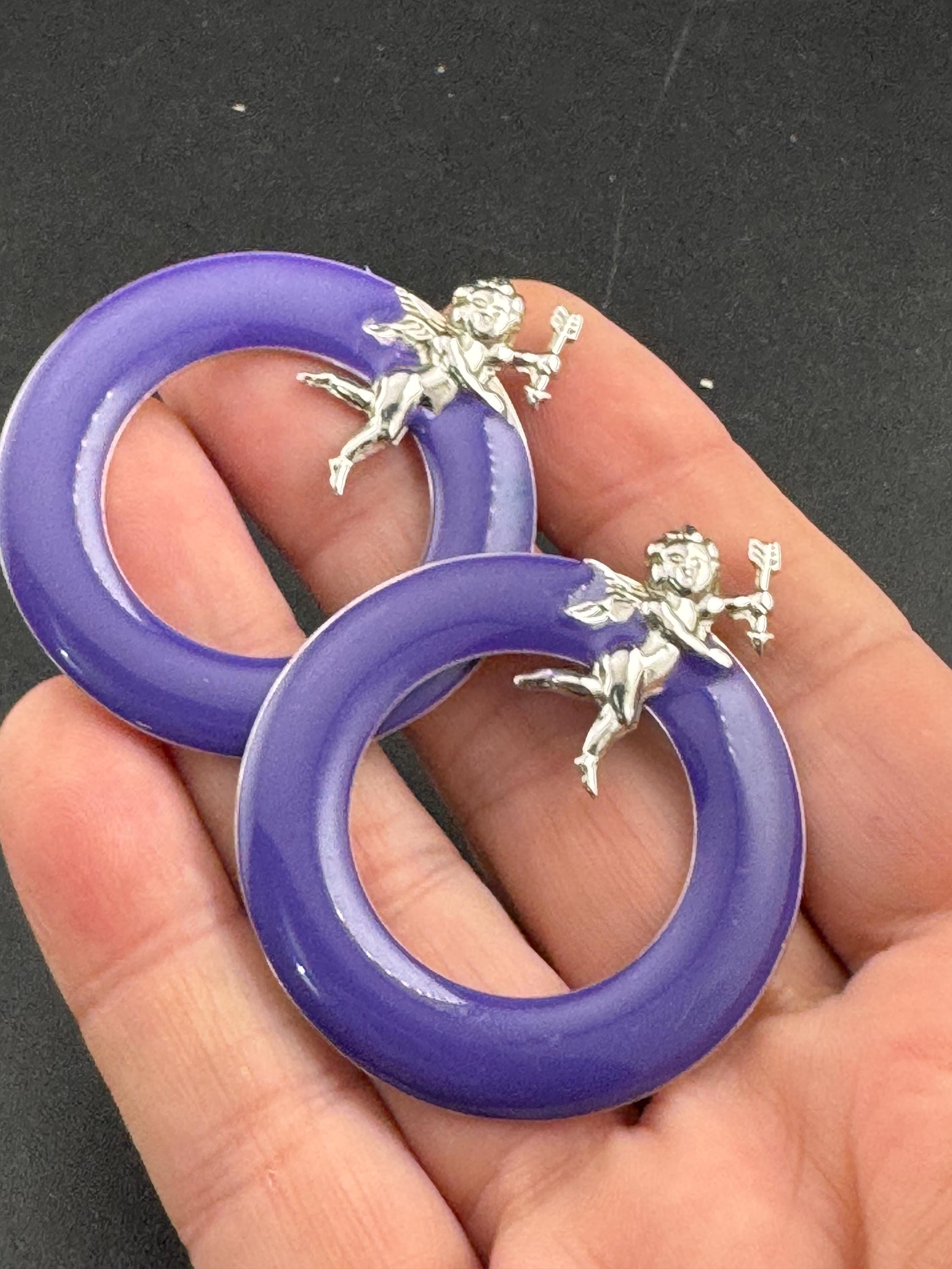 Vintage oversized purple enamel oversuzed hoop cherub earrings for pierced ears, silver tone
