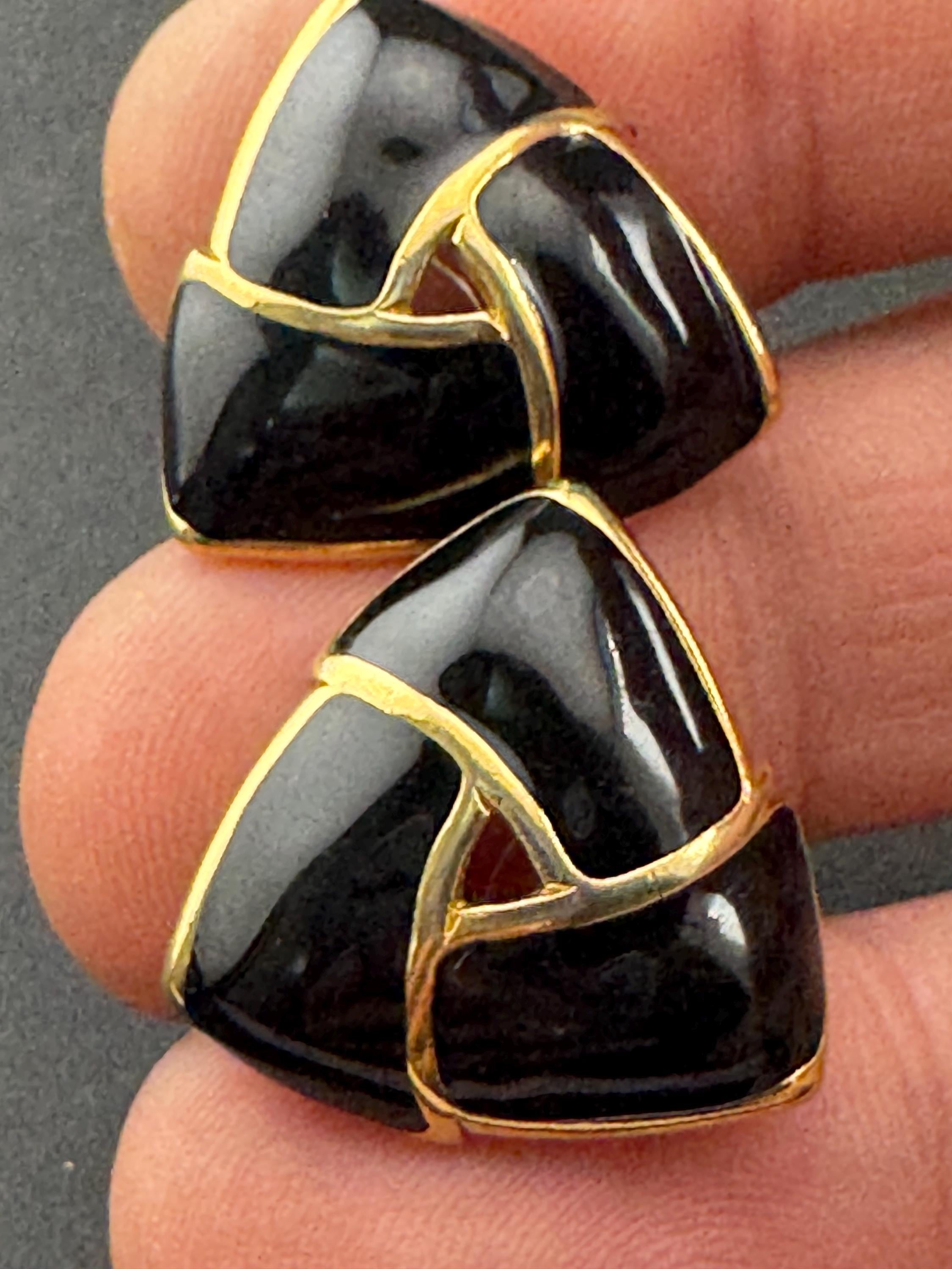 Black enamel pair stud earrings pierced Vintage Gold tone triangles
