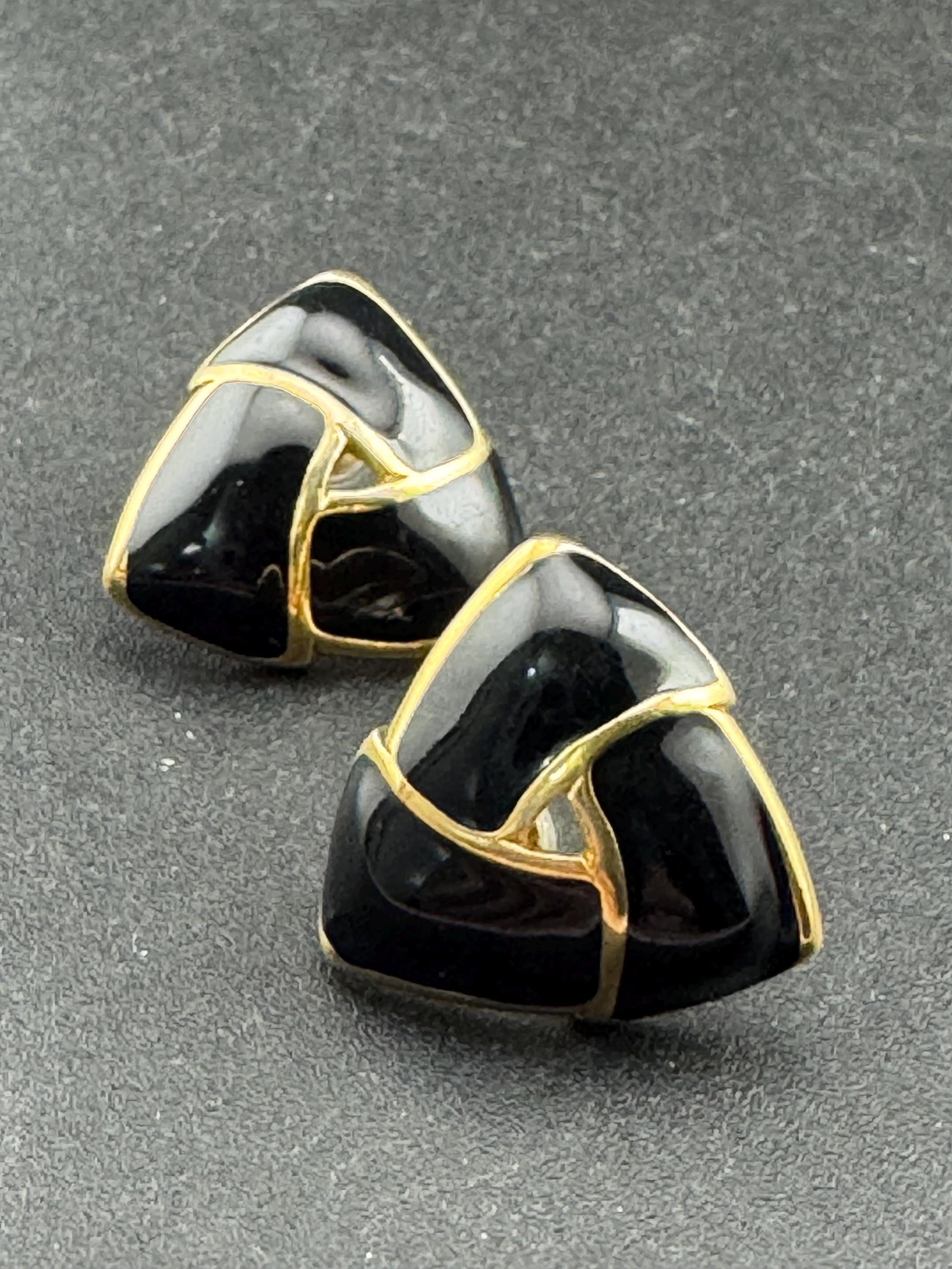 Black enamel pair stud earrings pierced Vintage Gold tone triangles