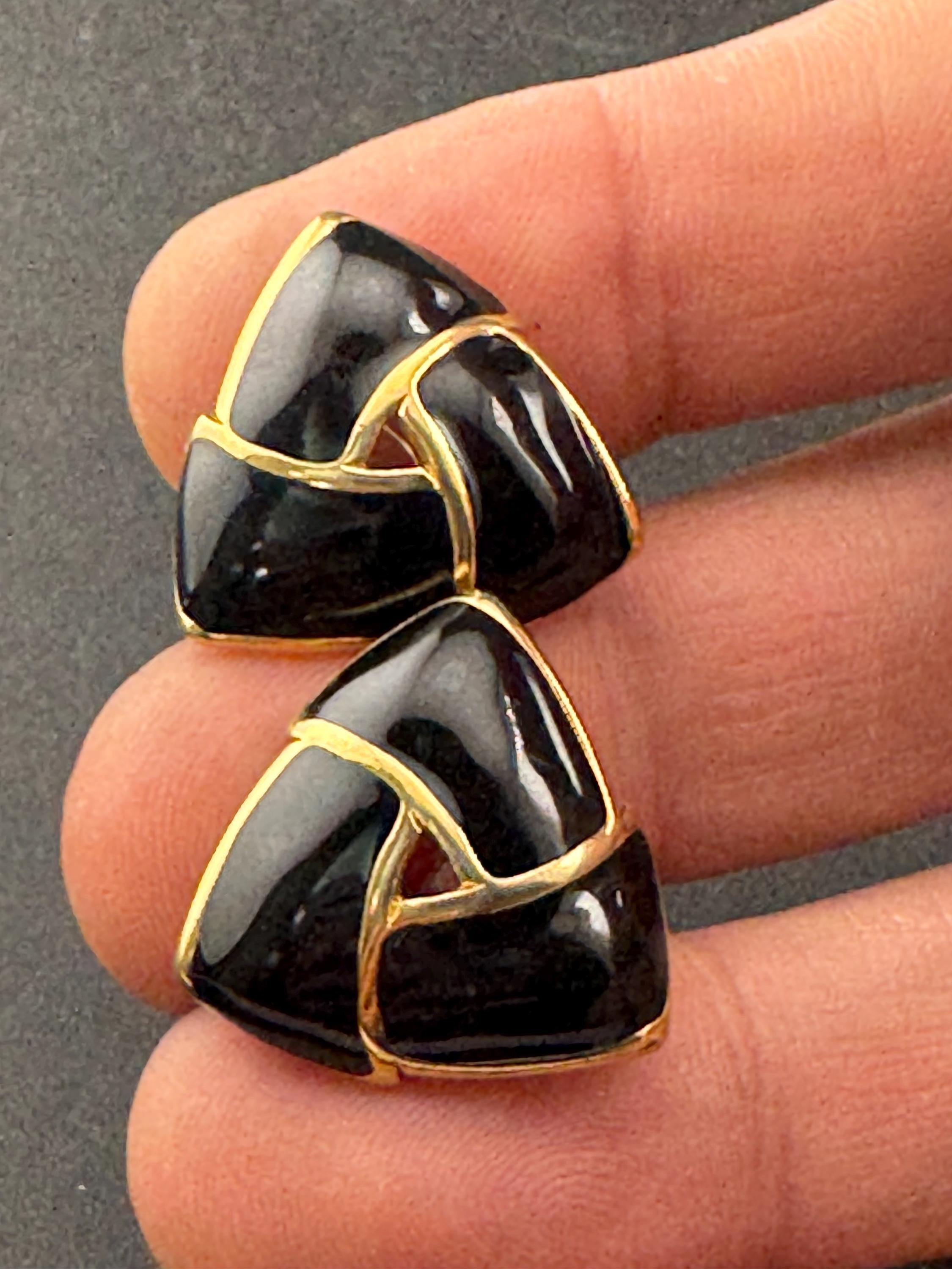 Black enamel pair stud earrings pierced Vintage Gold tone triangles