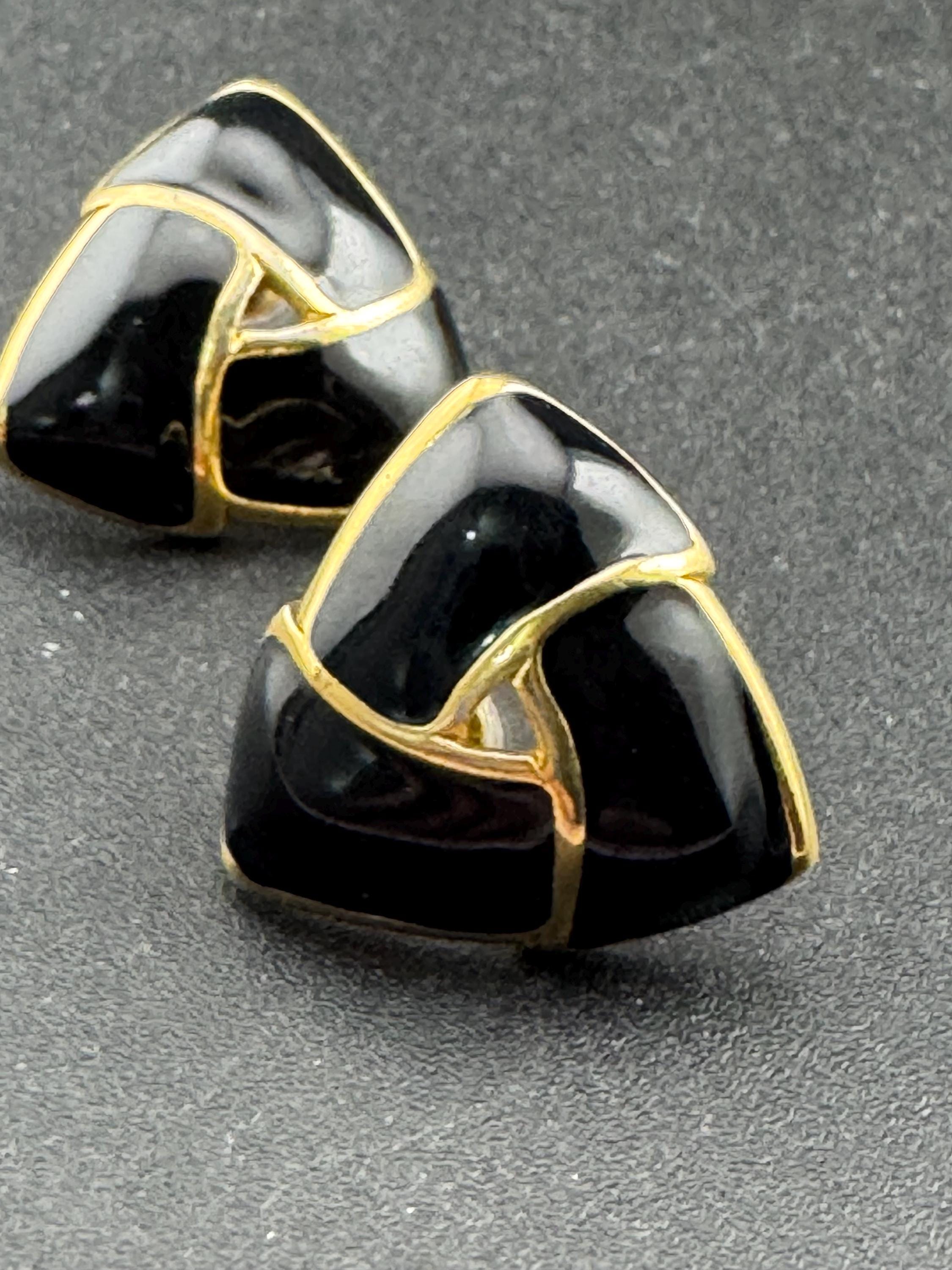 Black enamel pair stud earrings pierced Vintage Gold tone triangles