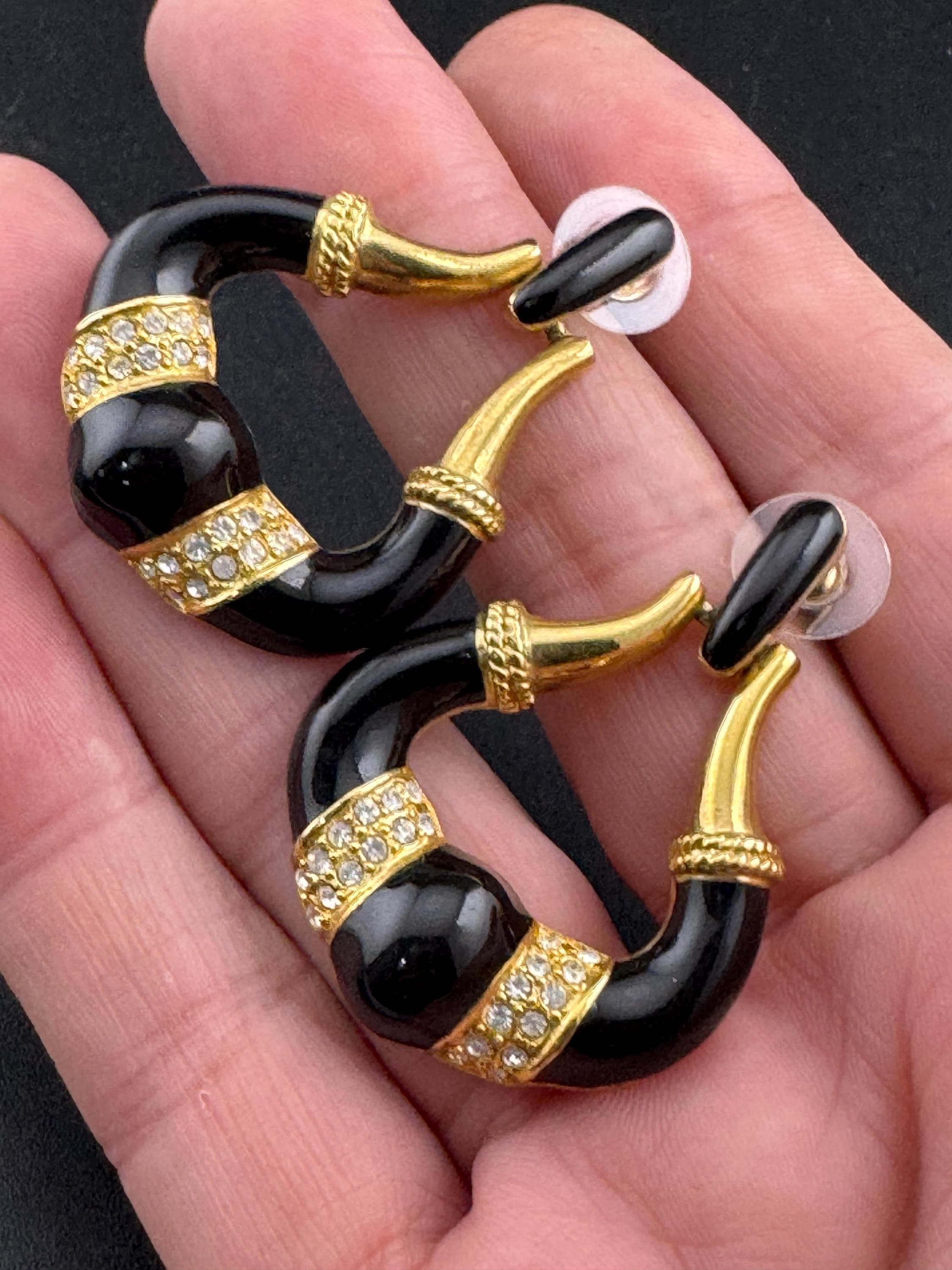 Vintage 1980s Gold tone Black enamel and diamanté pair door knocker dangly drop earrings pierced