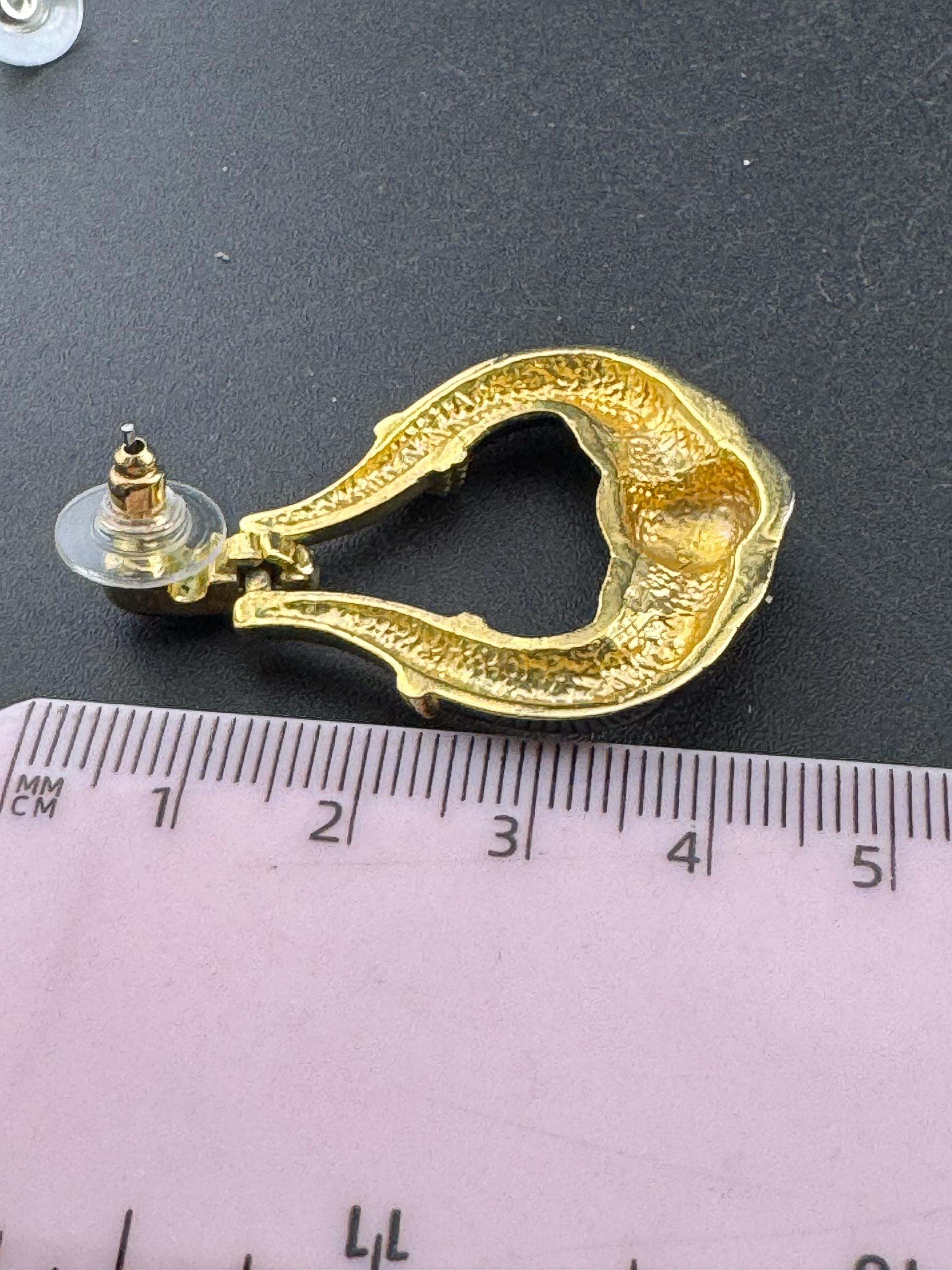 Vintage 1980s Gold tone Black enamel and diamanté pair door knocker dangly drop earrings pierced