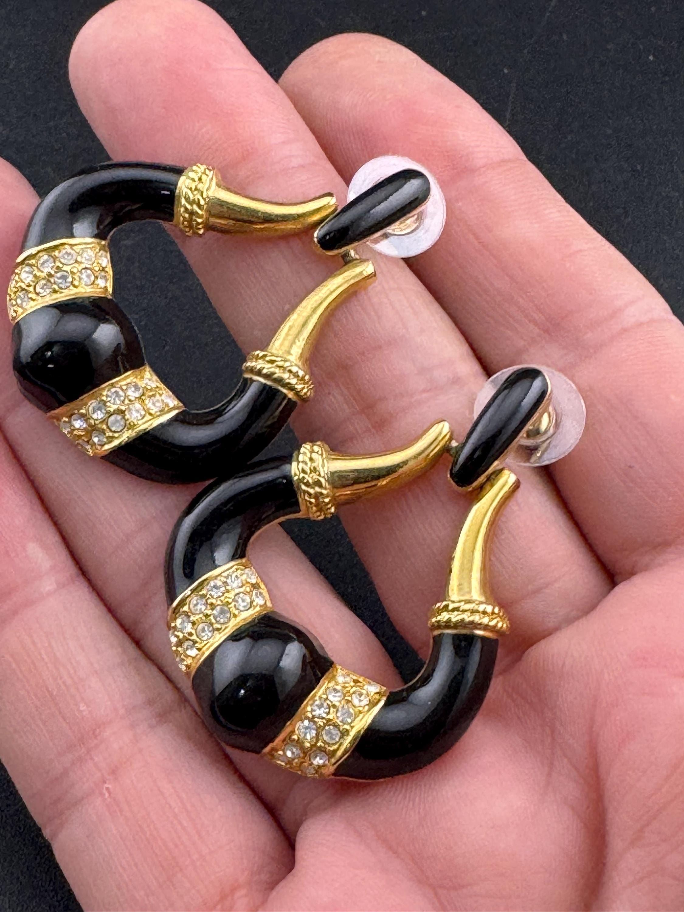 Vintage 1980s Gold tone Black enamel and diamanté pair door knocker dangly drop earrings pierced