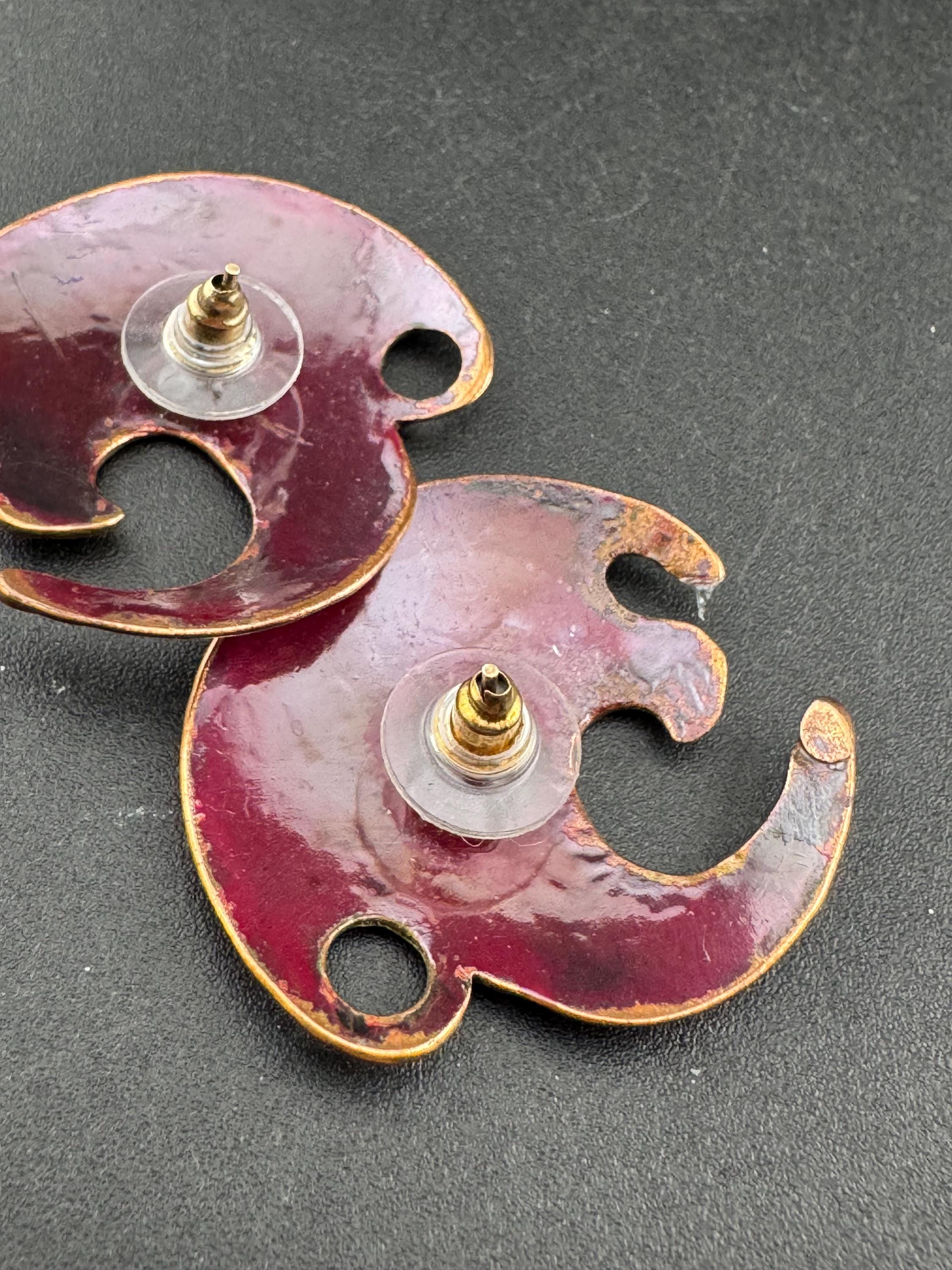 Artisan brutalist style copper brass large deep maroon red disc stud earrings for pierced ears