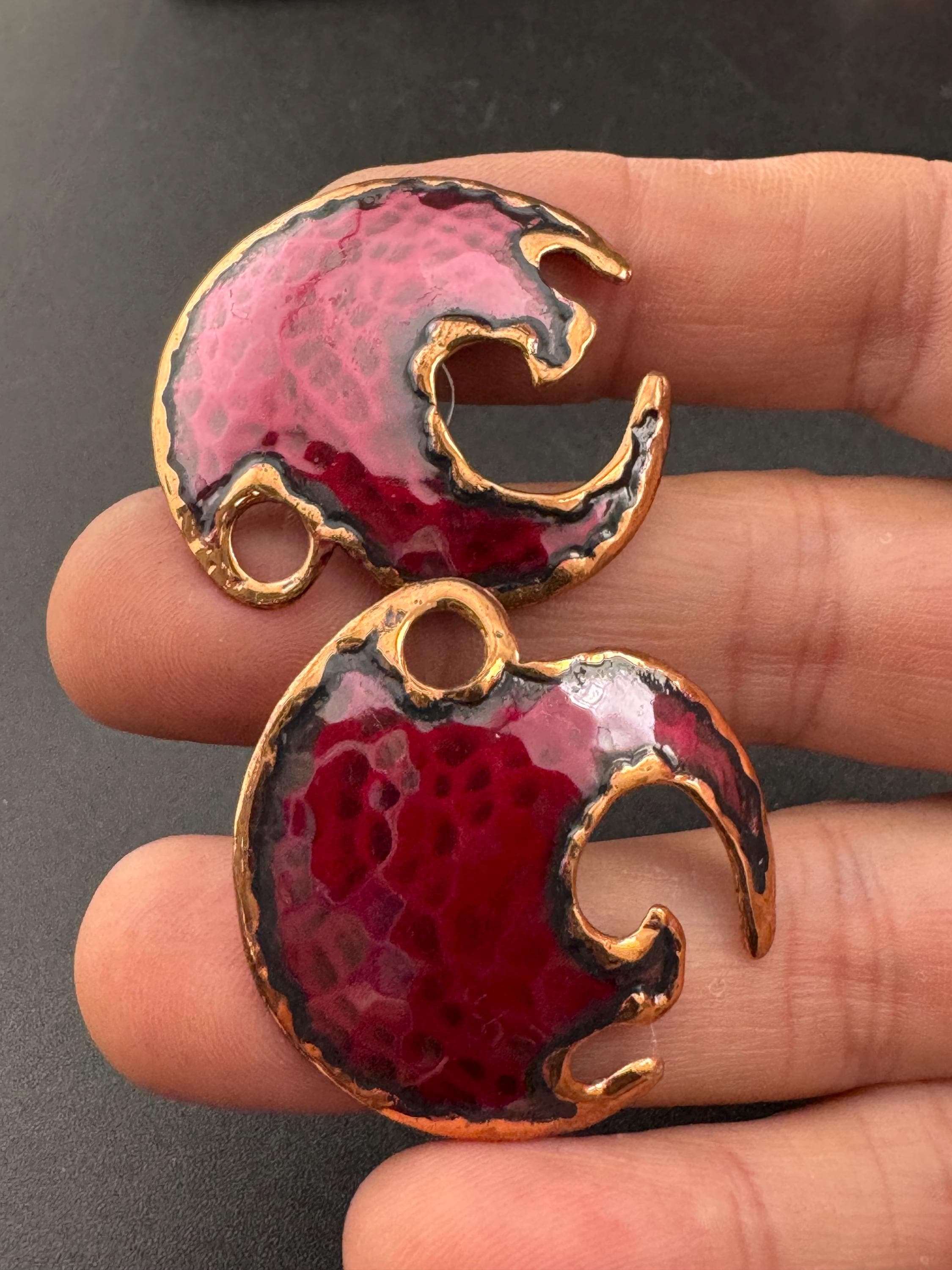 Artisan brutalist style copper brass large deep maroon red disc stud earrings for pierced ears