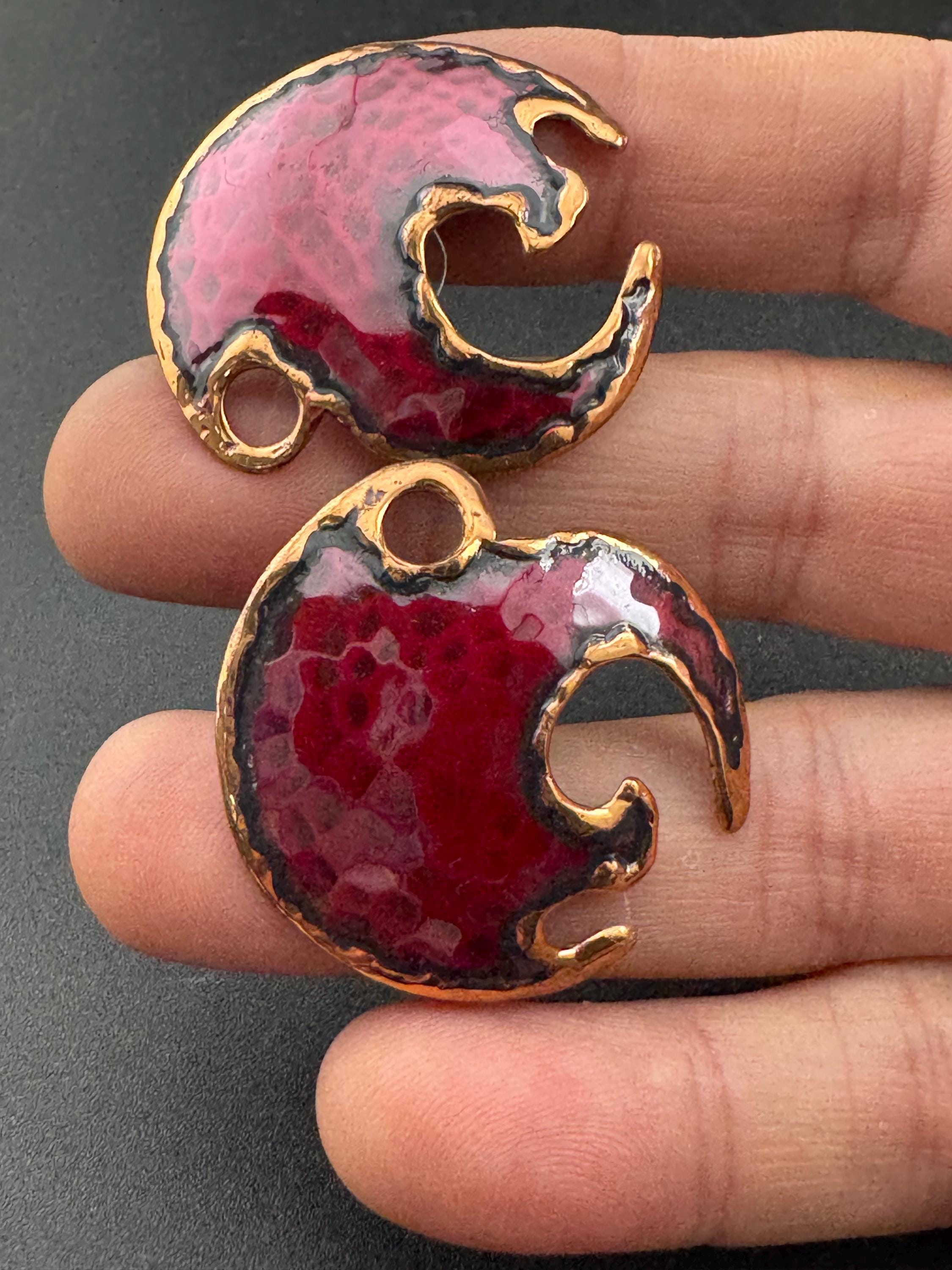 Artisan brutalist style copper brass large deep maroon red disc stud earrings for pierced ears