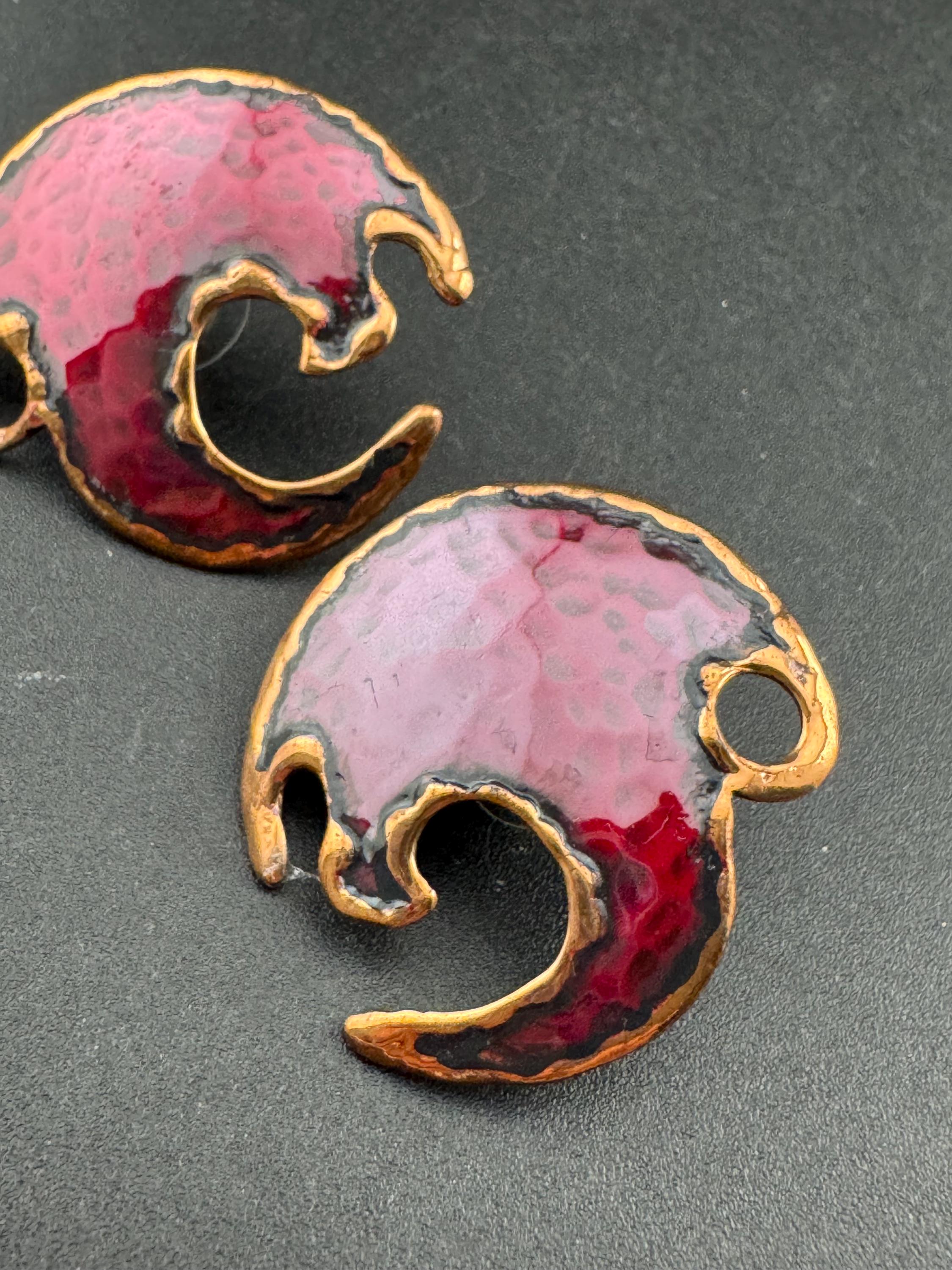 Artisan brutalist style copper brass large deep maroon red disc stud earrings for pierced ears