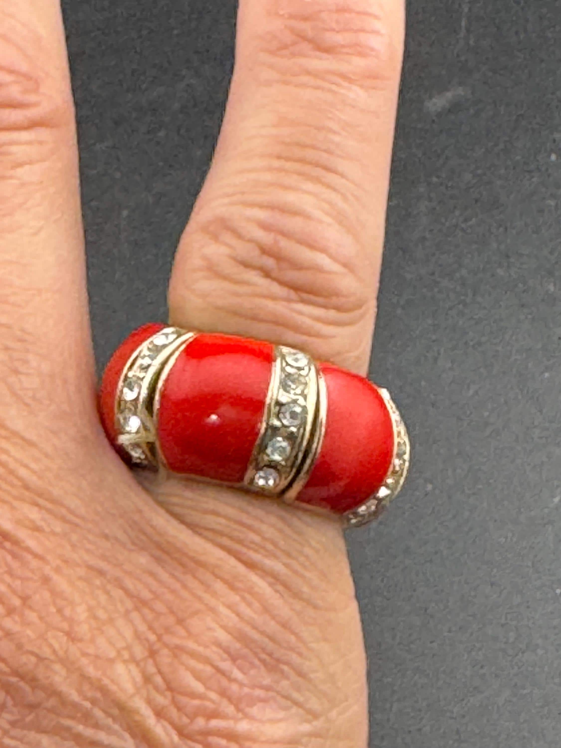 vintage red enamel and diamanté  wide band elasticated dress ring