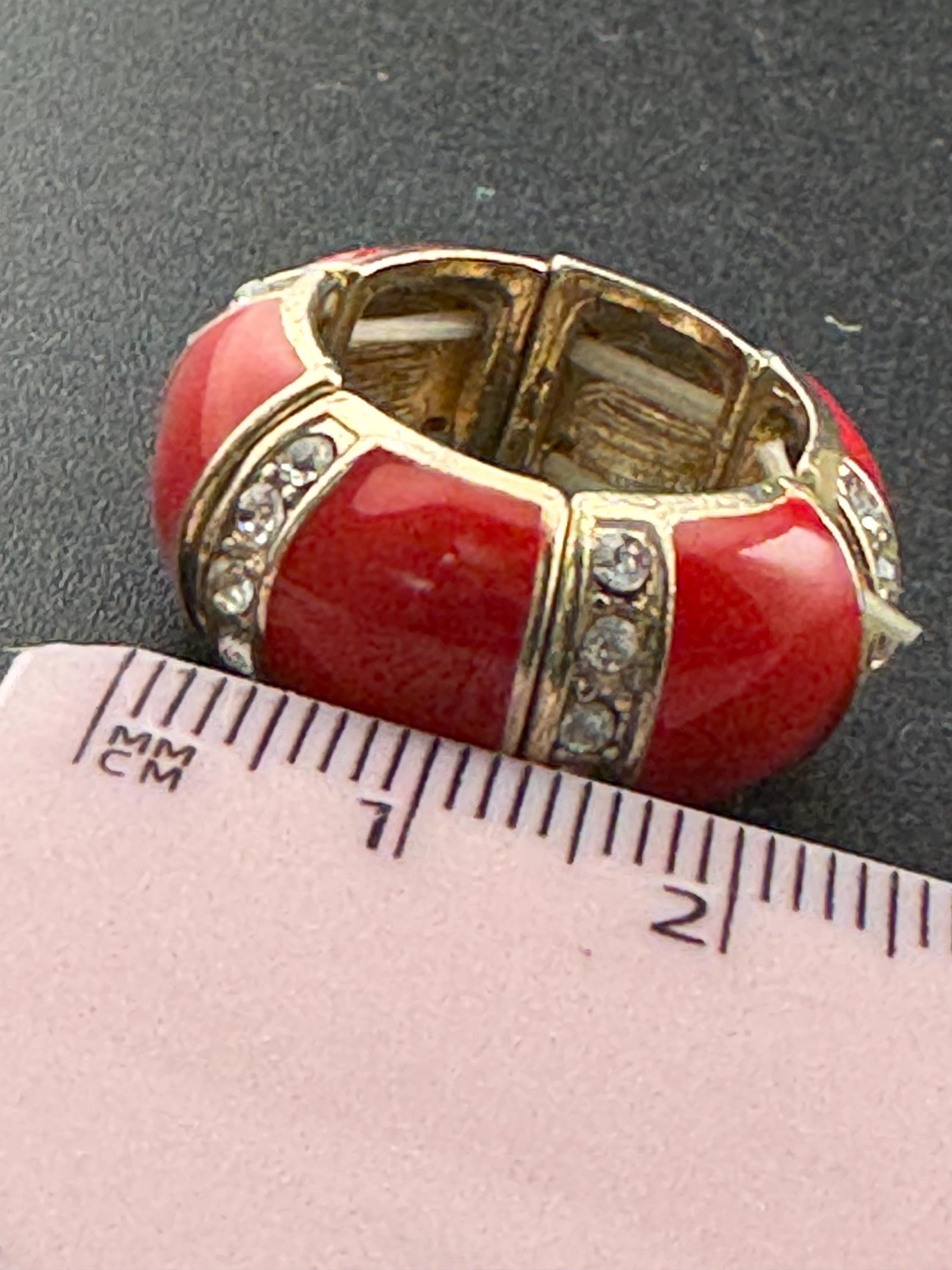 vintage red enamel and diamanté  wide band elasticated dress ring