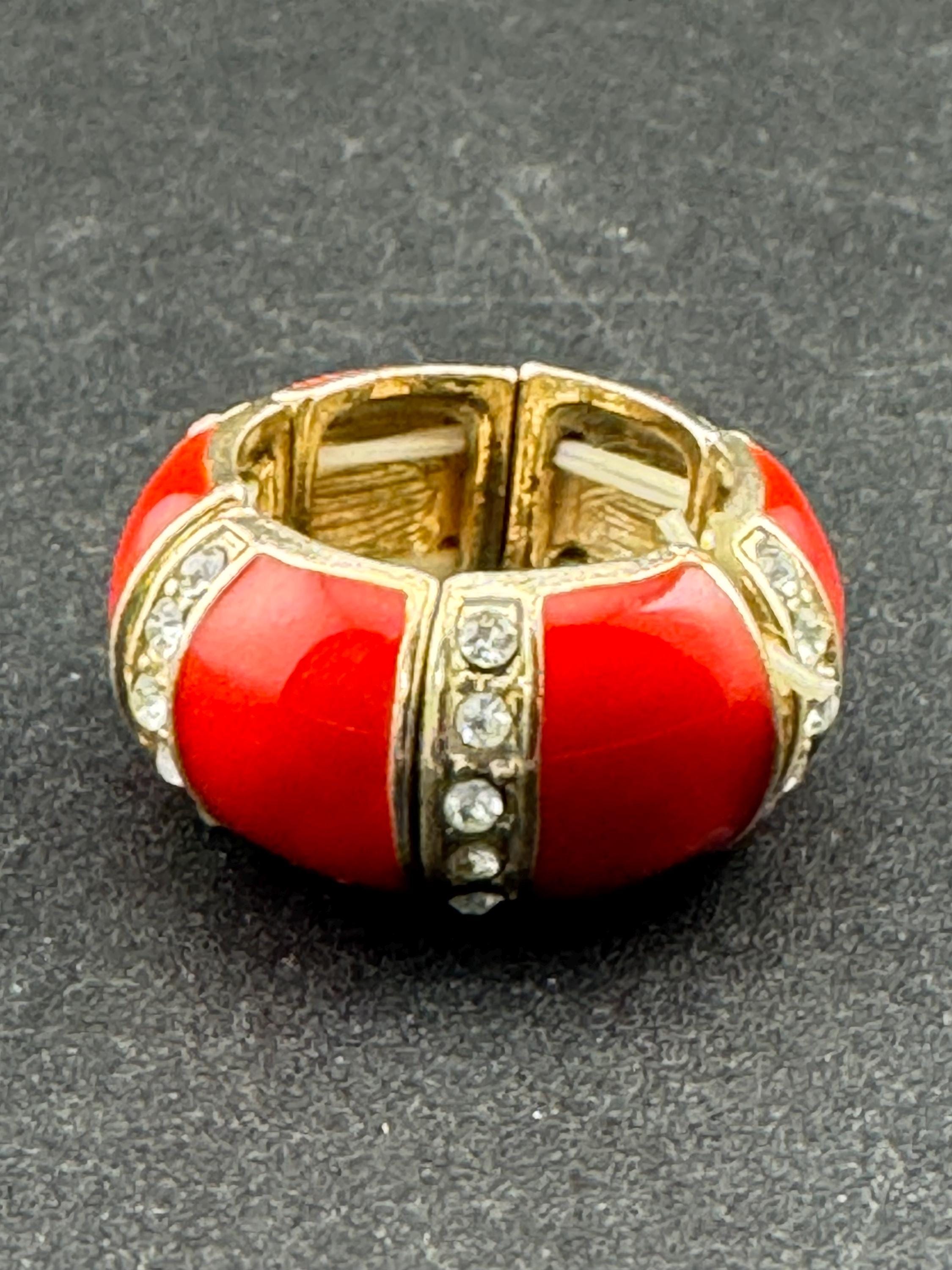 vintage red enamel and diamanté  wide band elasticated dress ring