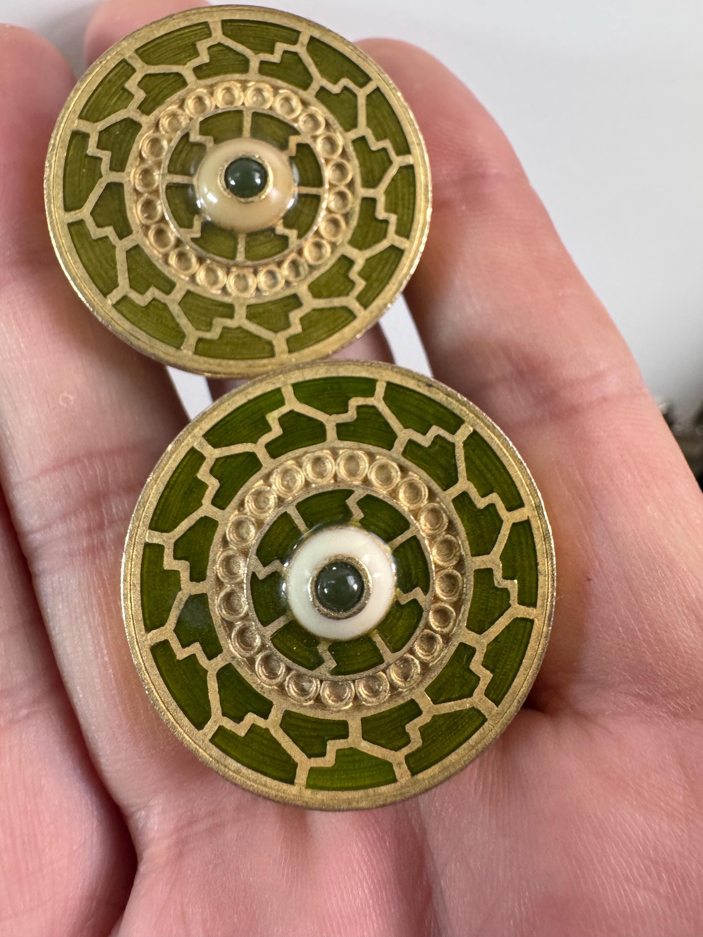 Signed liberty large dark olive green openwork anti style disc clip on earrings, gold tone