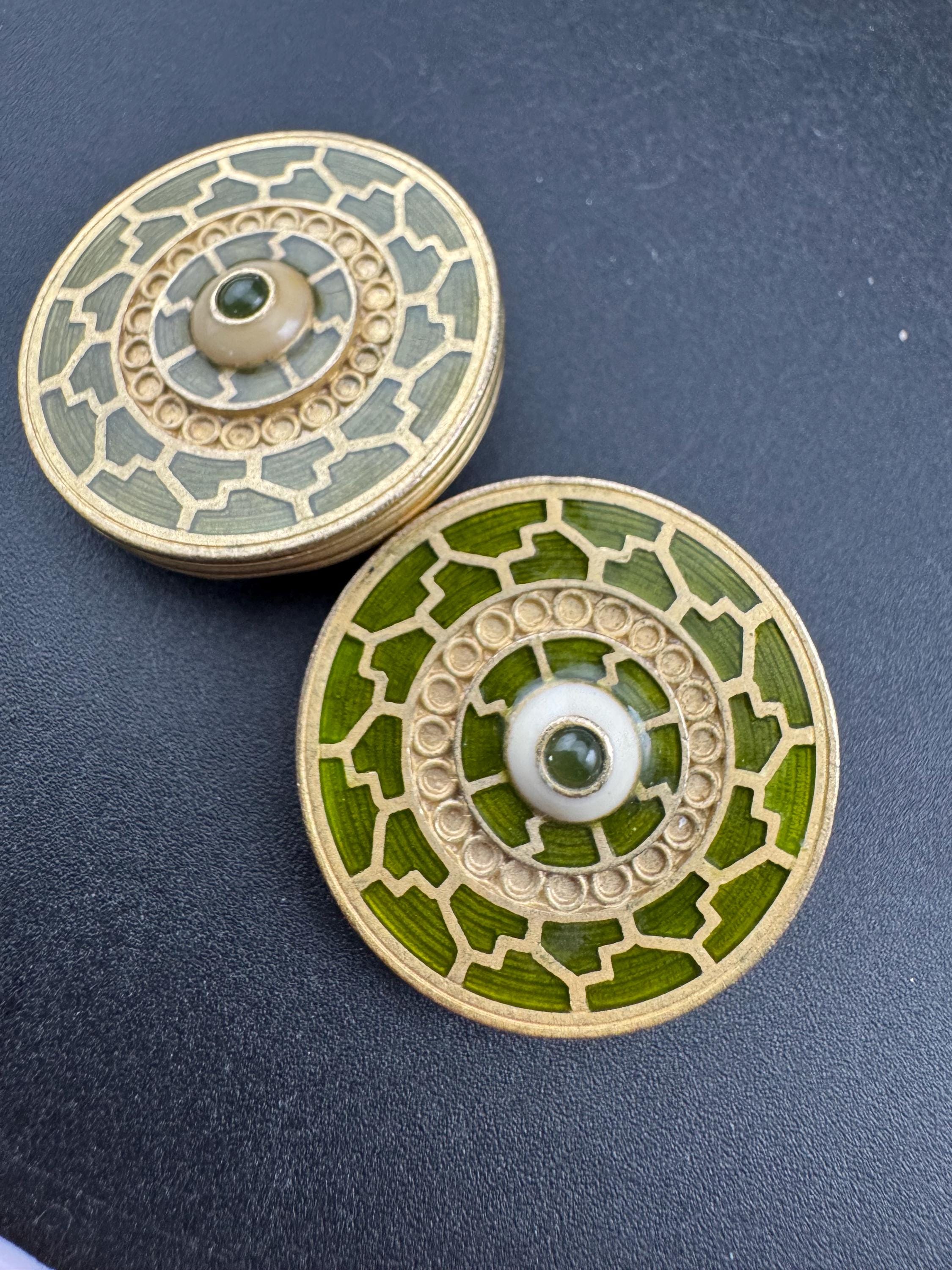 Signed liberty large dark olive green openwork anti style disc clip on earrings, gold tone