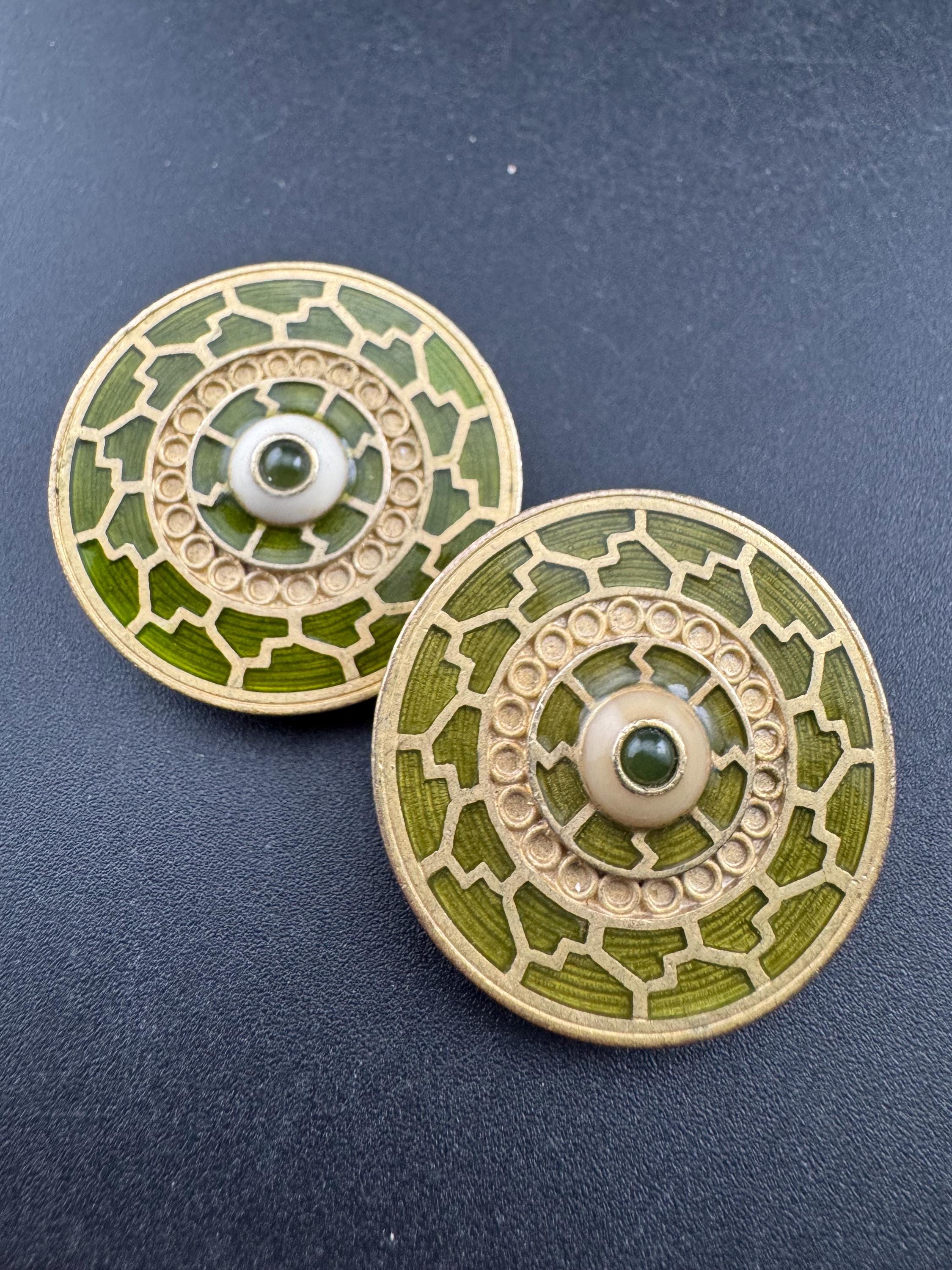 Signed liberty large dark olive green openwork anti style disc clip on earrings, gold tone