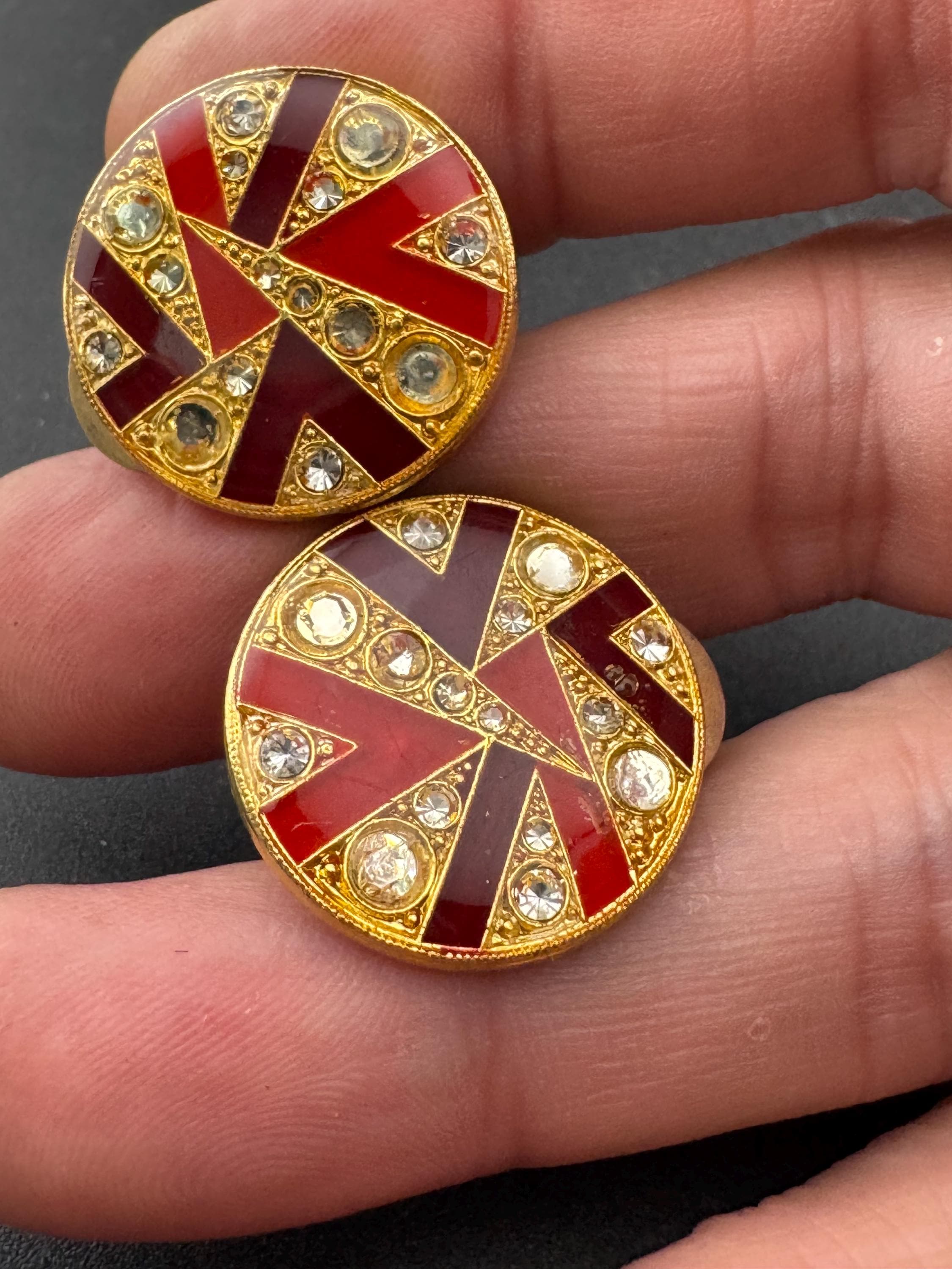 Art Deco Style Clip On Earrings: Gold & Red Button Studs