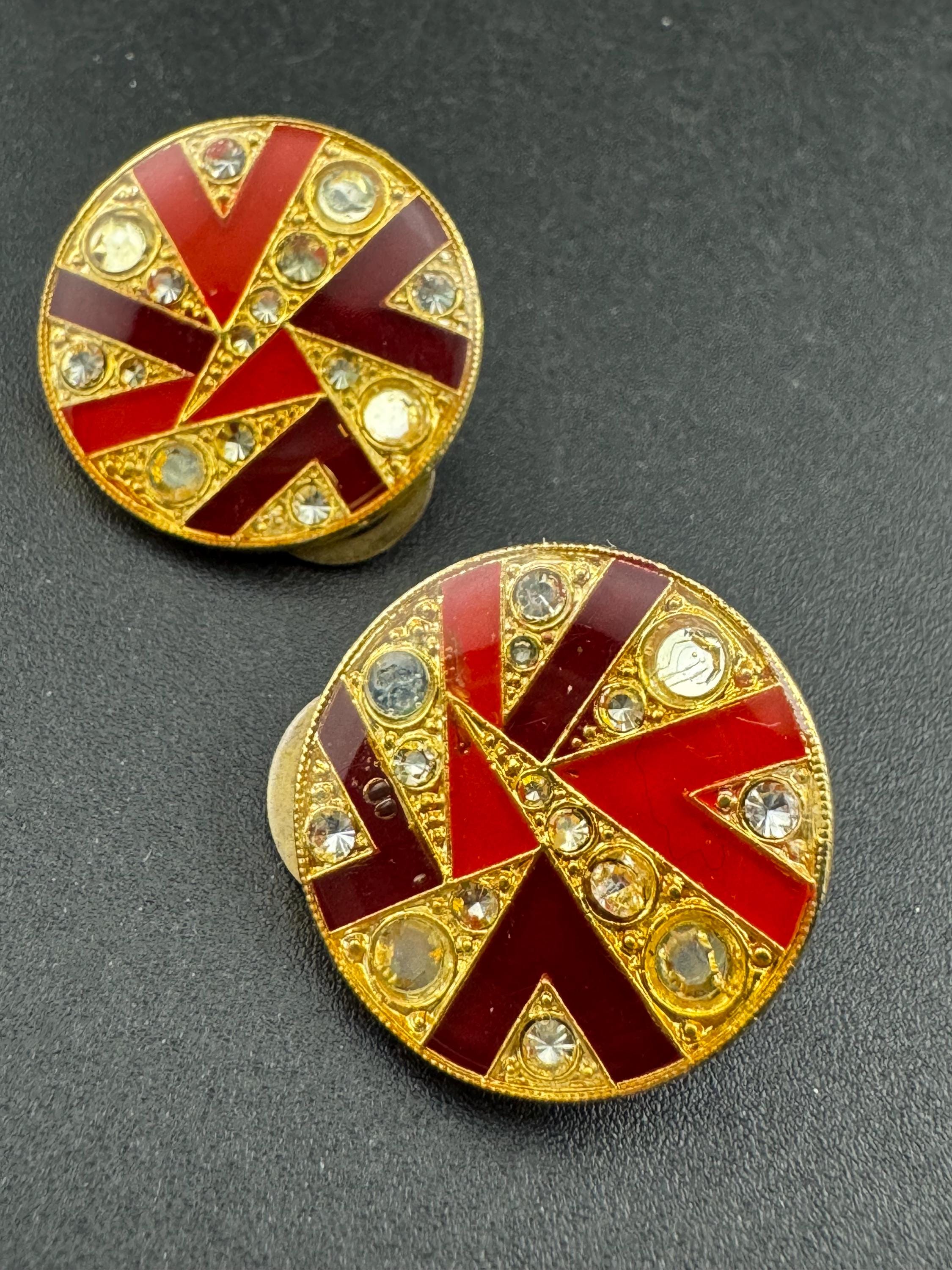 Art Deco Style Clip On Earrings: Gold & Red Button Studs