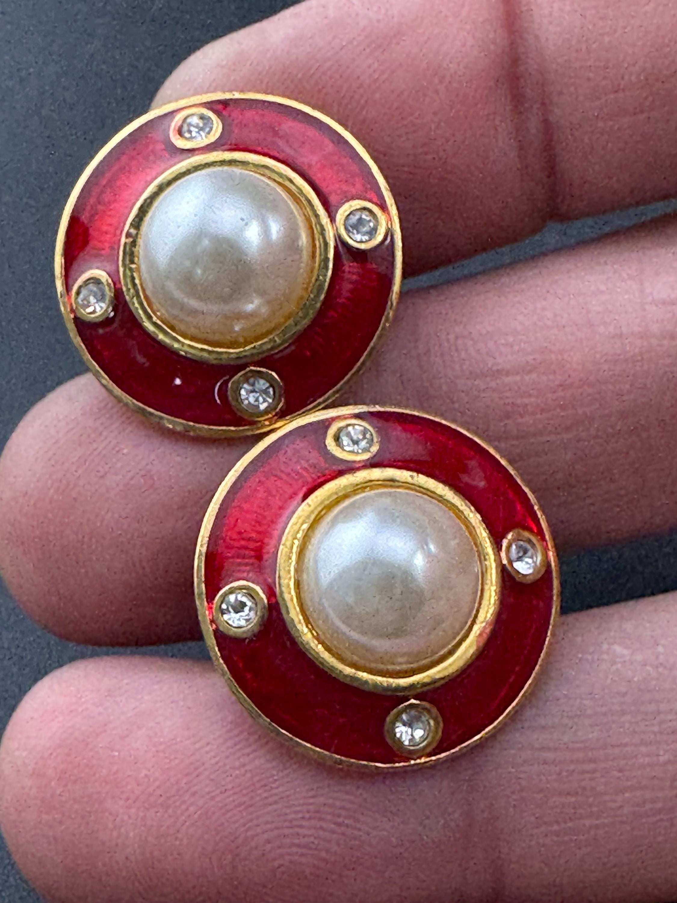Retro Gold tone red enamel rhinestone clip on earrings  with central pearl cabochon M&S 1990s