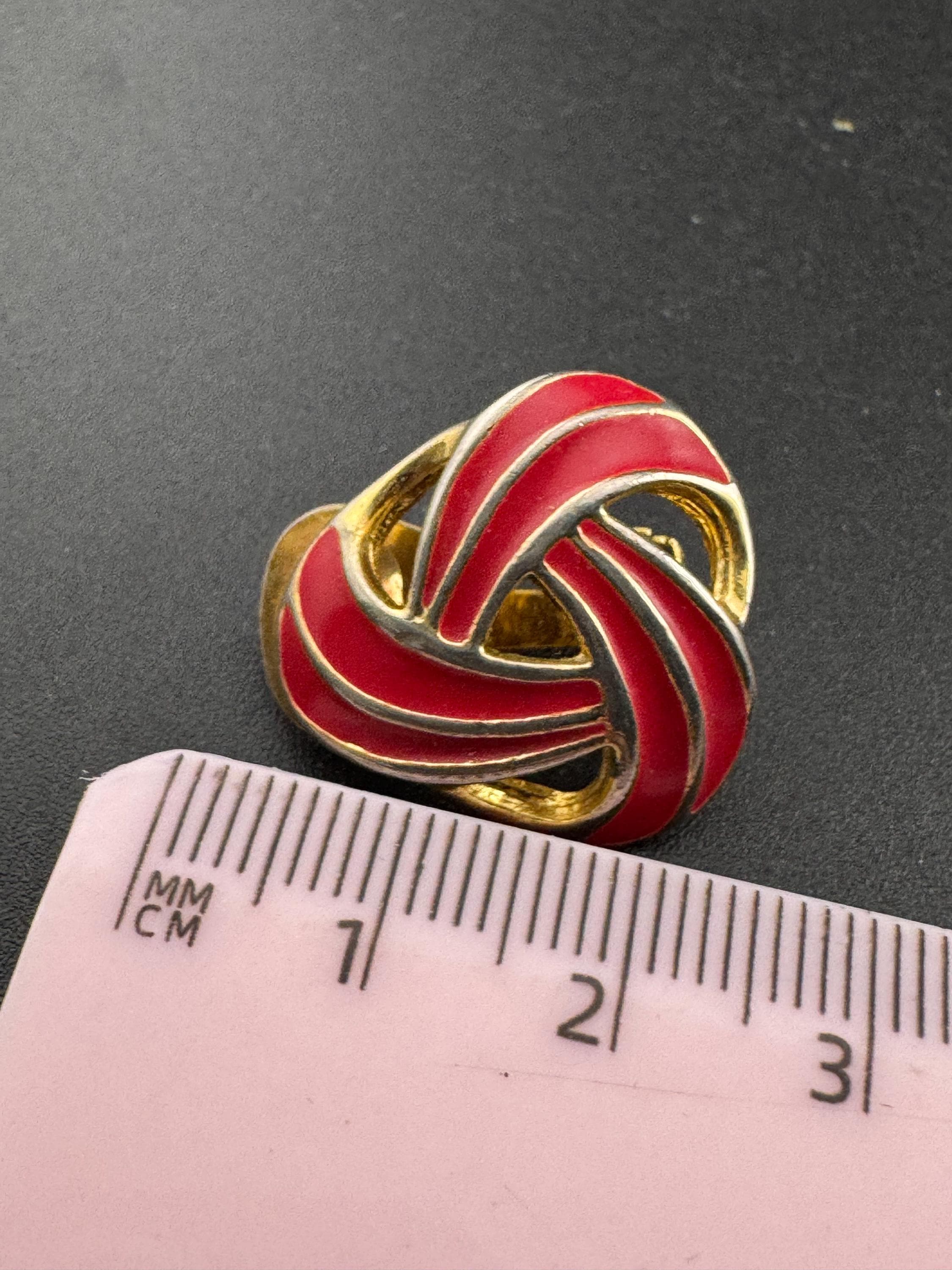 Vintage Retro Gold tone classic bright red enamel clip on swirl earrings 1980s 1990s