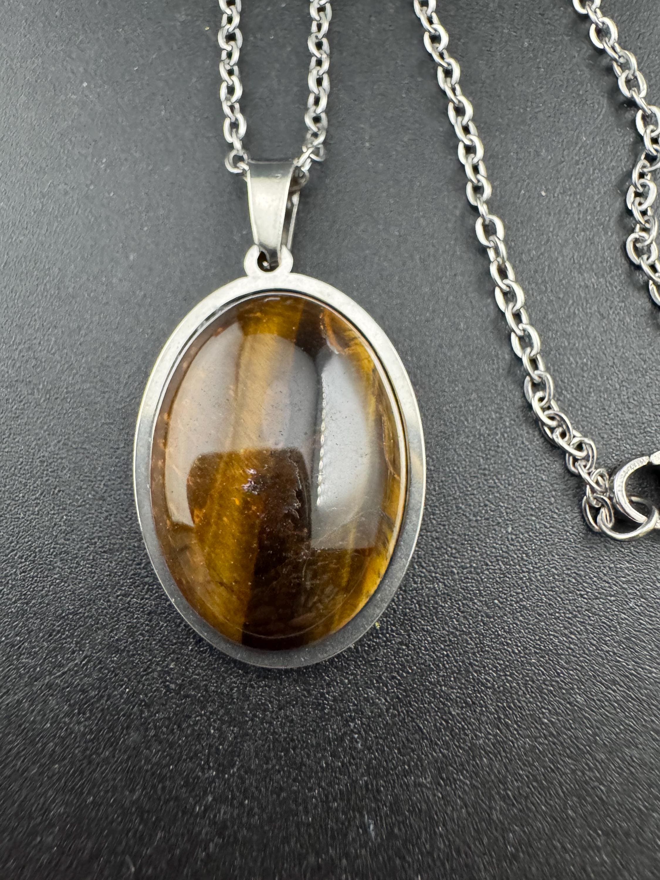 Tiger's Eye Gemstone Pendant: Stainless Steel Chain Necklace