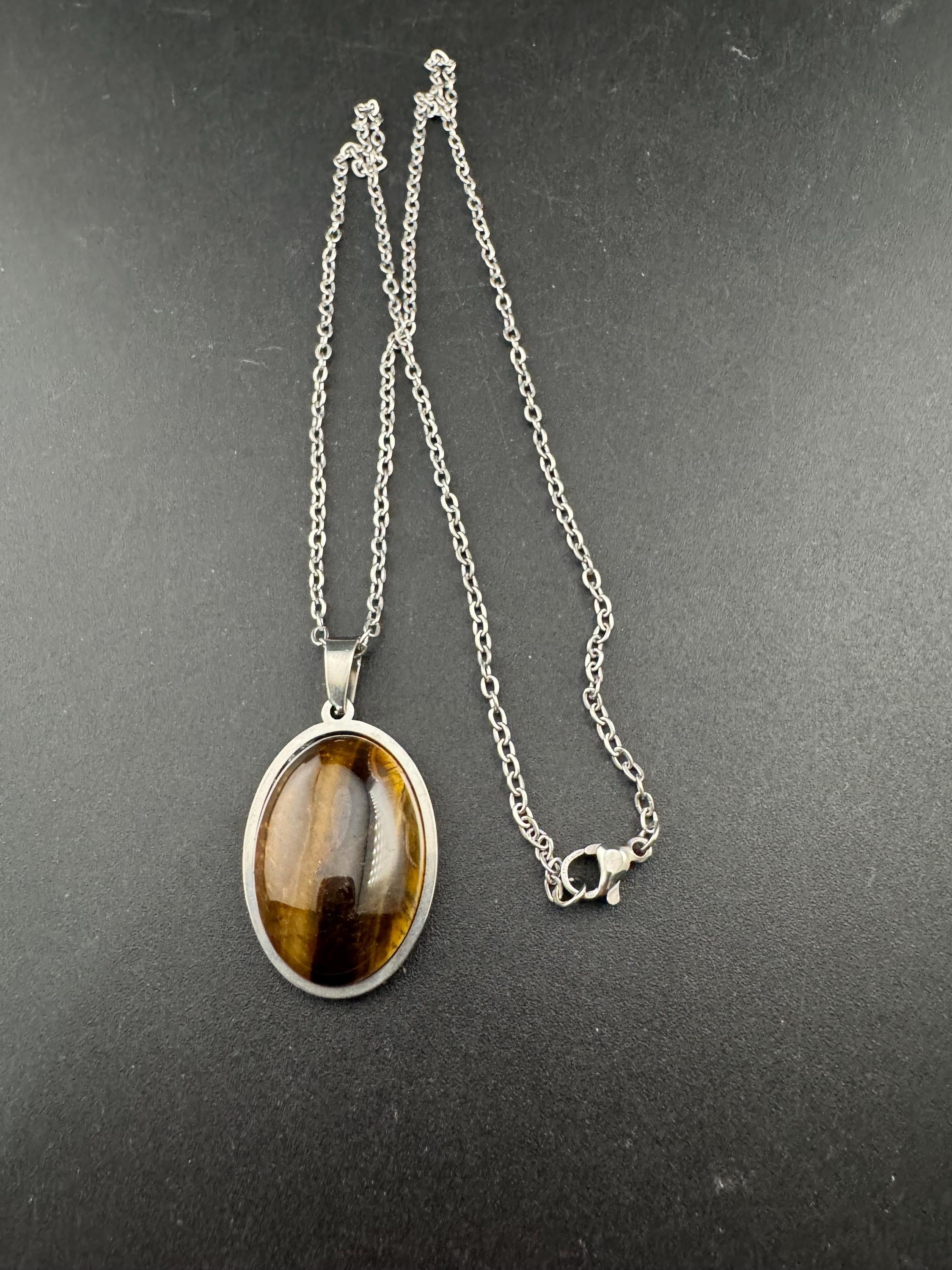 Tiger's Eye Gemstone Pendant: Stainless Steel Chain Necklace