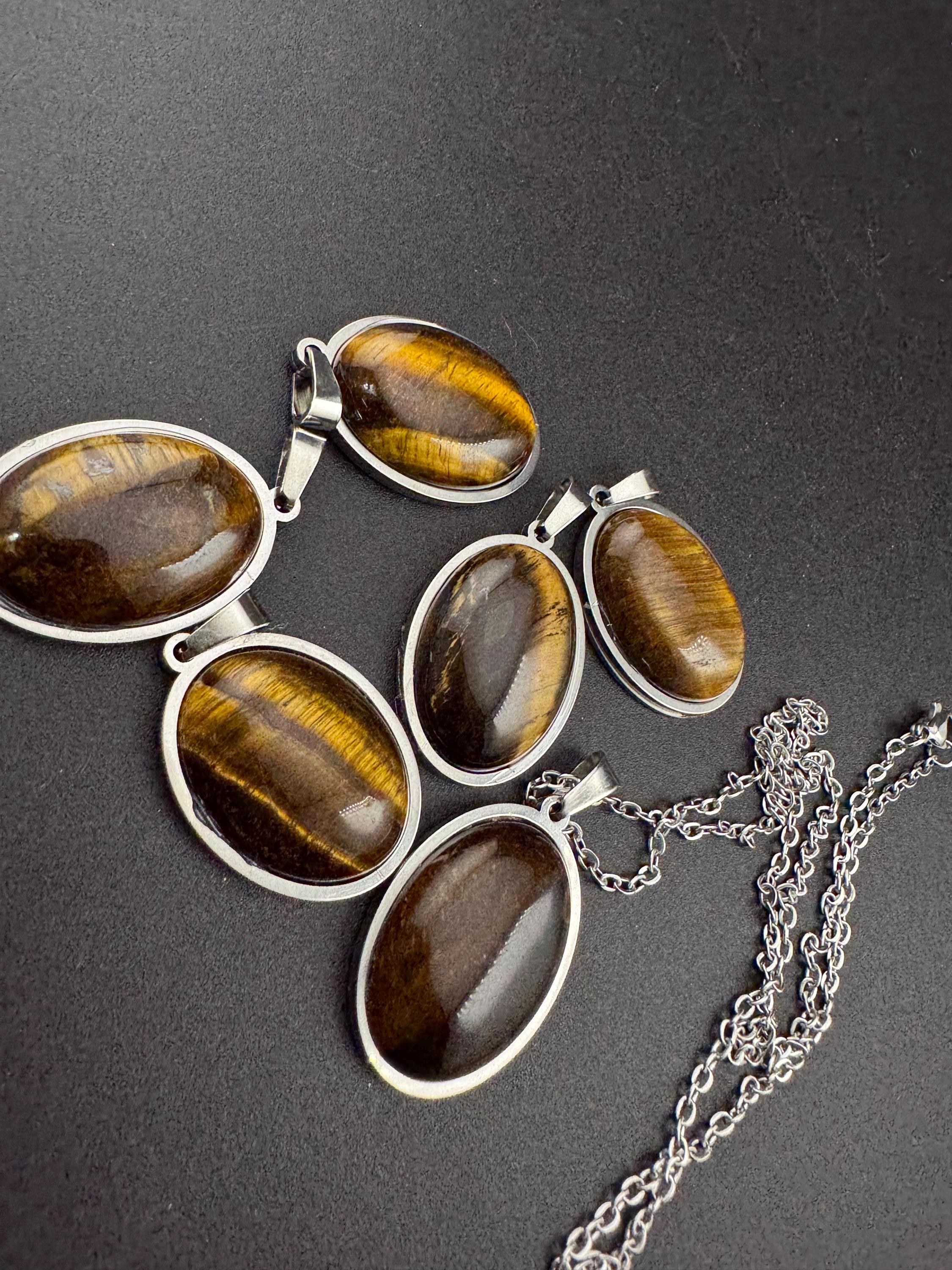 Tiger's Eye Gemstone Pendant: Stainless Steel Chain Necklace
