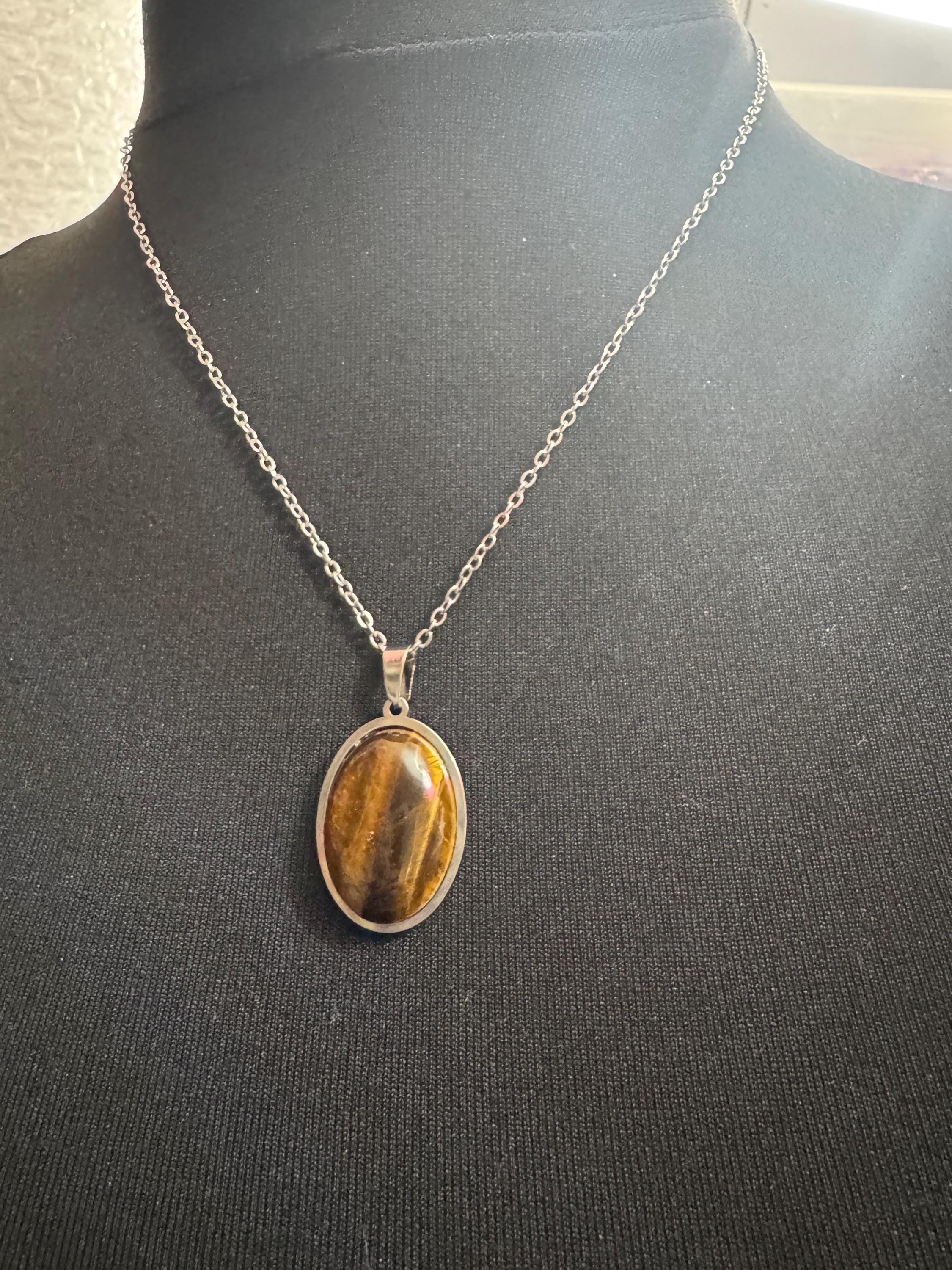 Tiger's Eye Gemstone Pendant: Stainless Steel Chain Necklace