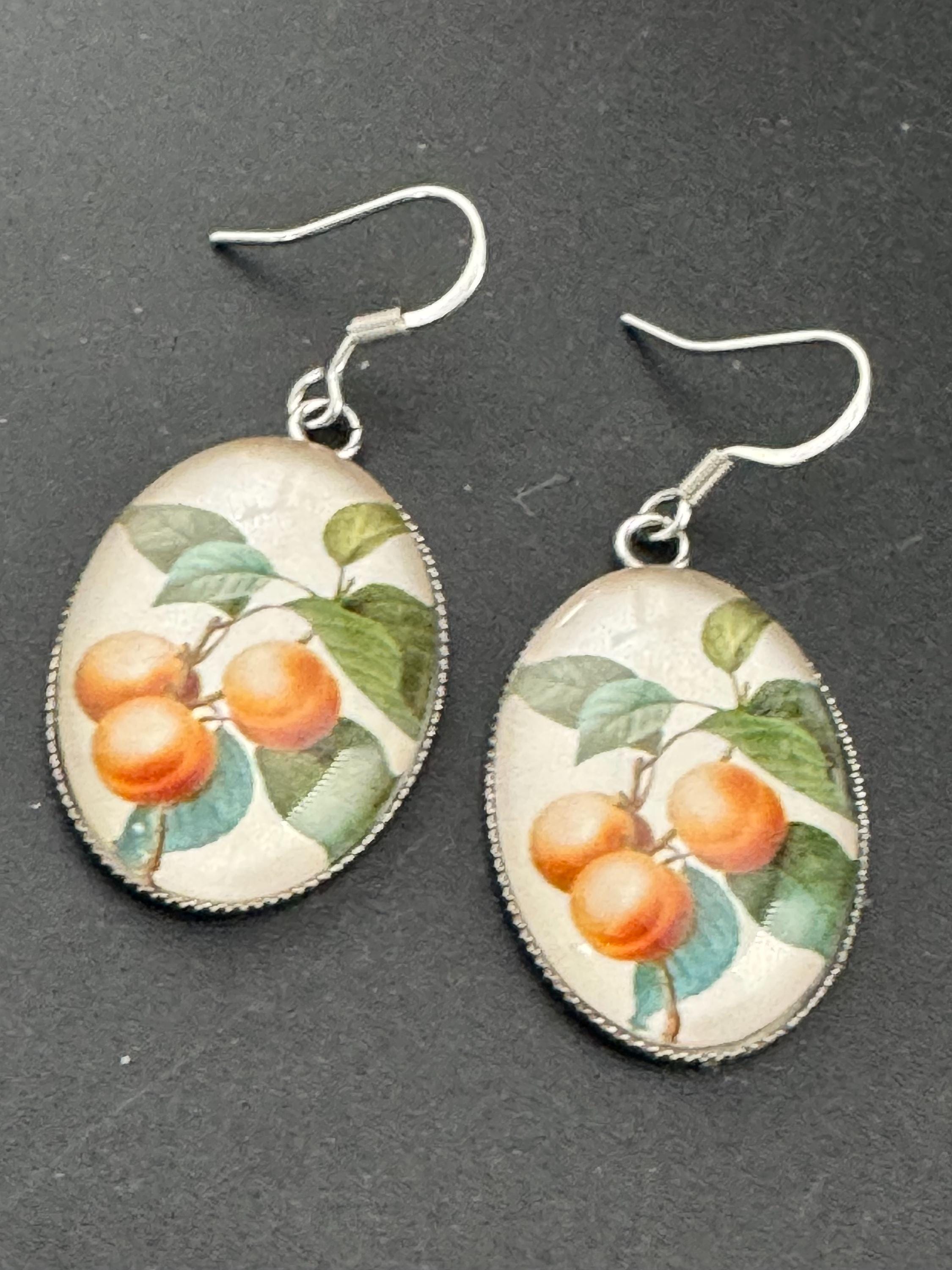 Peaches nectarines Spring garden oval glass cabochon fruit earrings, stainless steel, non tarnish earwires and fittings