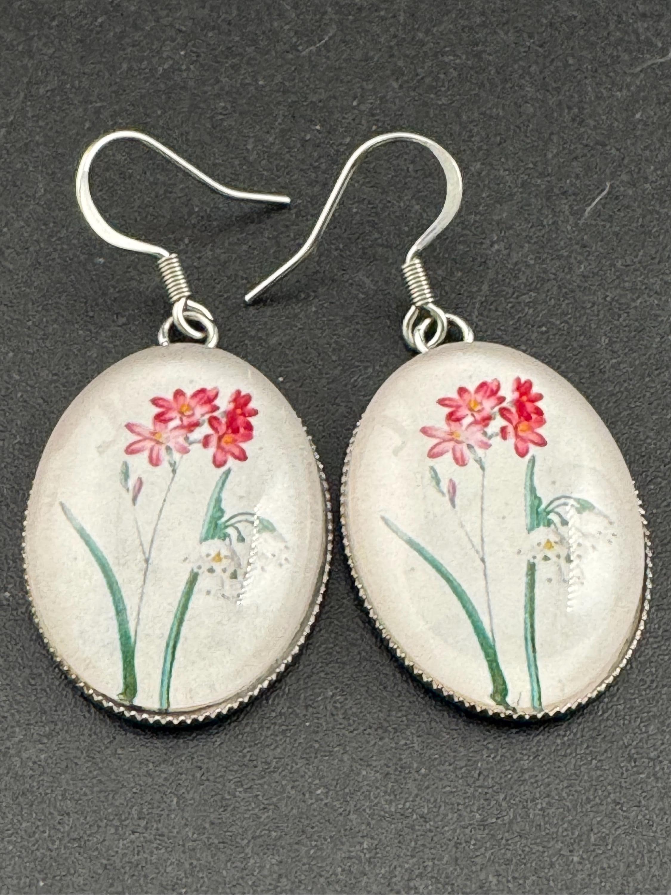 Pink and red garden flowers handmade oval glass cabochon earrings, stainless steel, non tarnish earwires and fittings, ideal spring summer