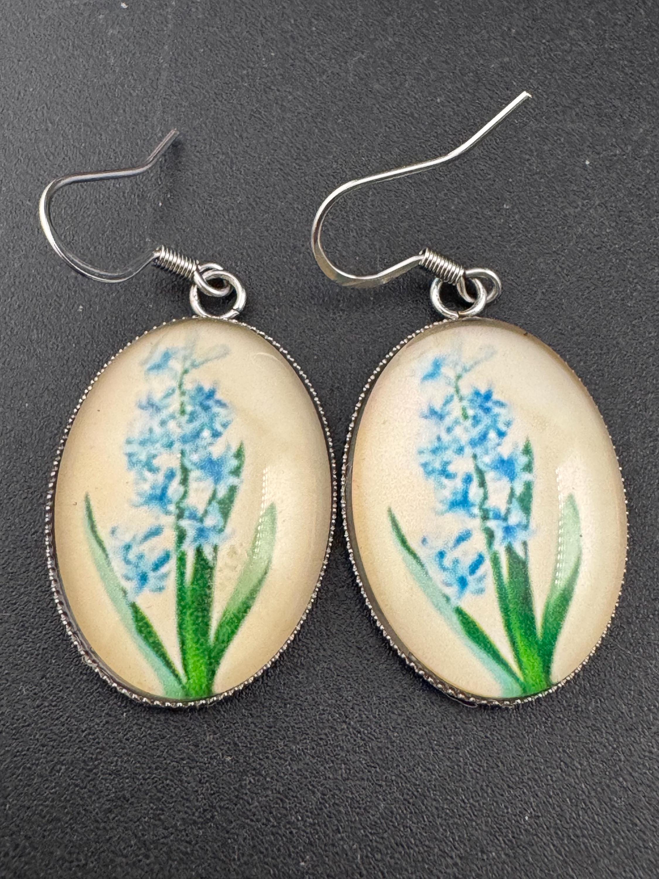 Blue bluebells garden flowers handmade oval glass cabochon earrings, stainless steel, non tarnish earwires and fittings, ideal spring summer