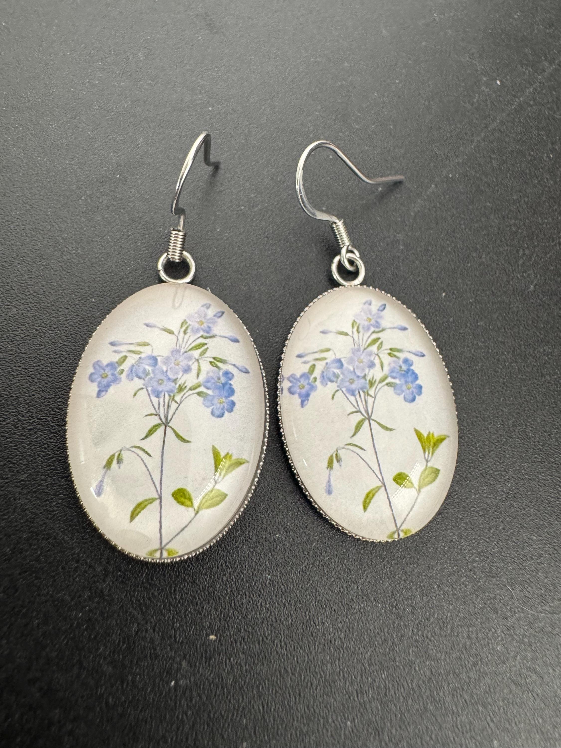 Blue bluebells garden flowers handmade oval glass cabochon earrings, stainless steel, non tarnish earwires and fittings, ideal spring summer