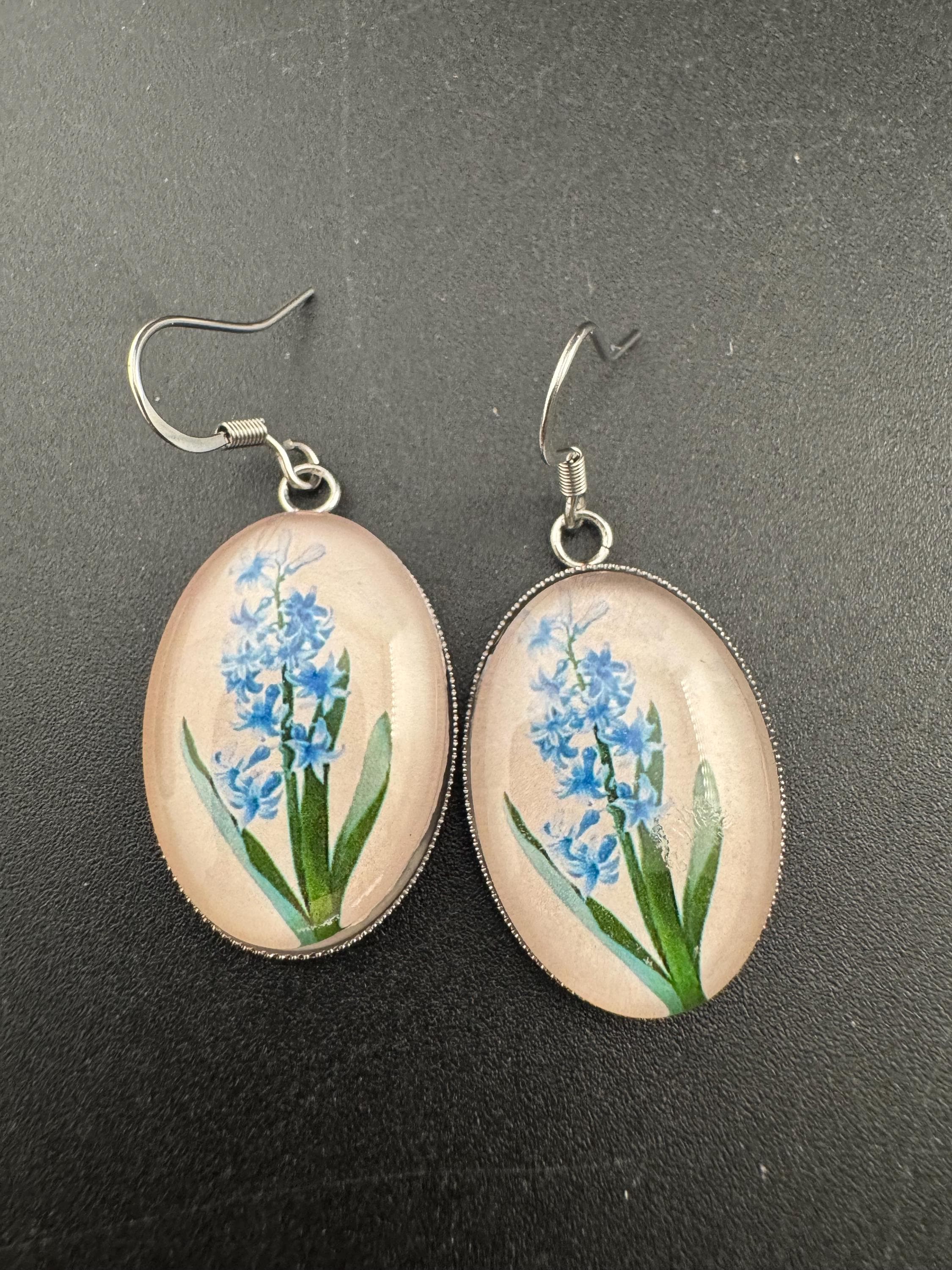 Blue bluebells garden flowers handmade oval glass cabochon earrings, stainless steel, non tarnish earwires and fittings, ideal spring summer