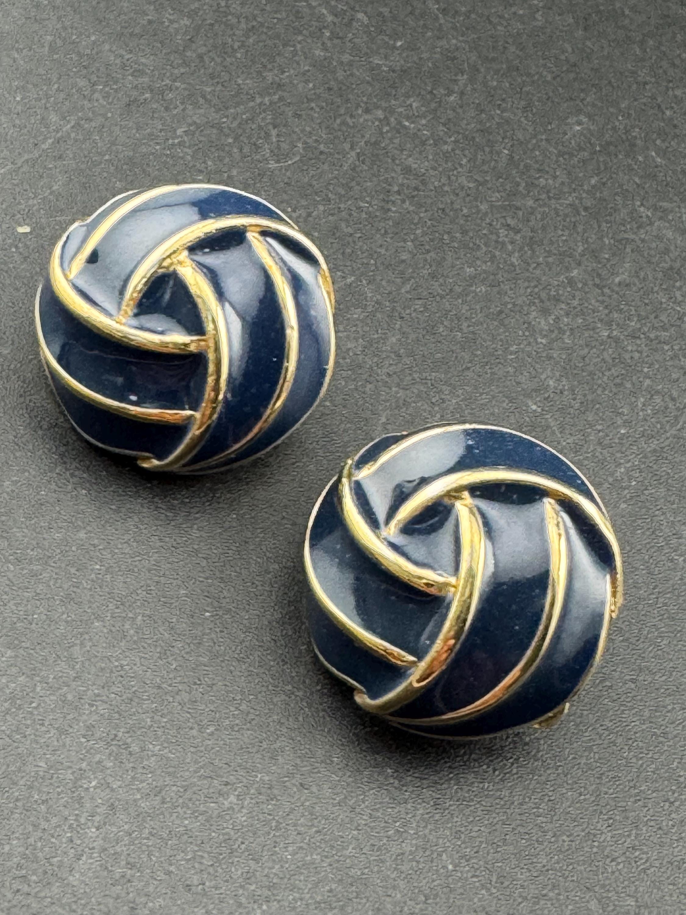 Vintage blue enamel clip on stud swirl earrings gold tone