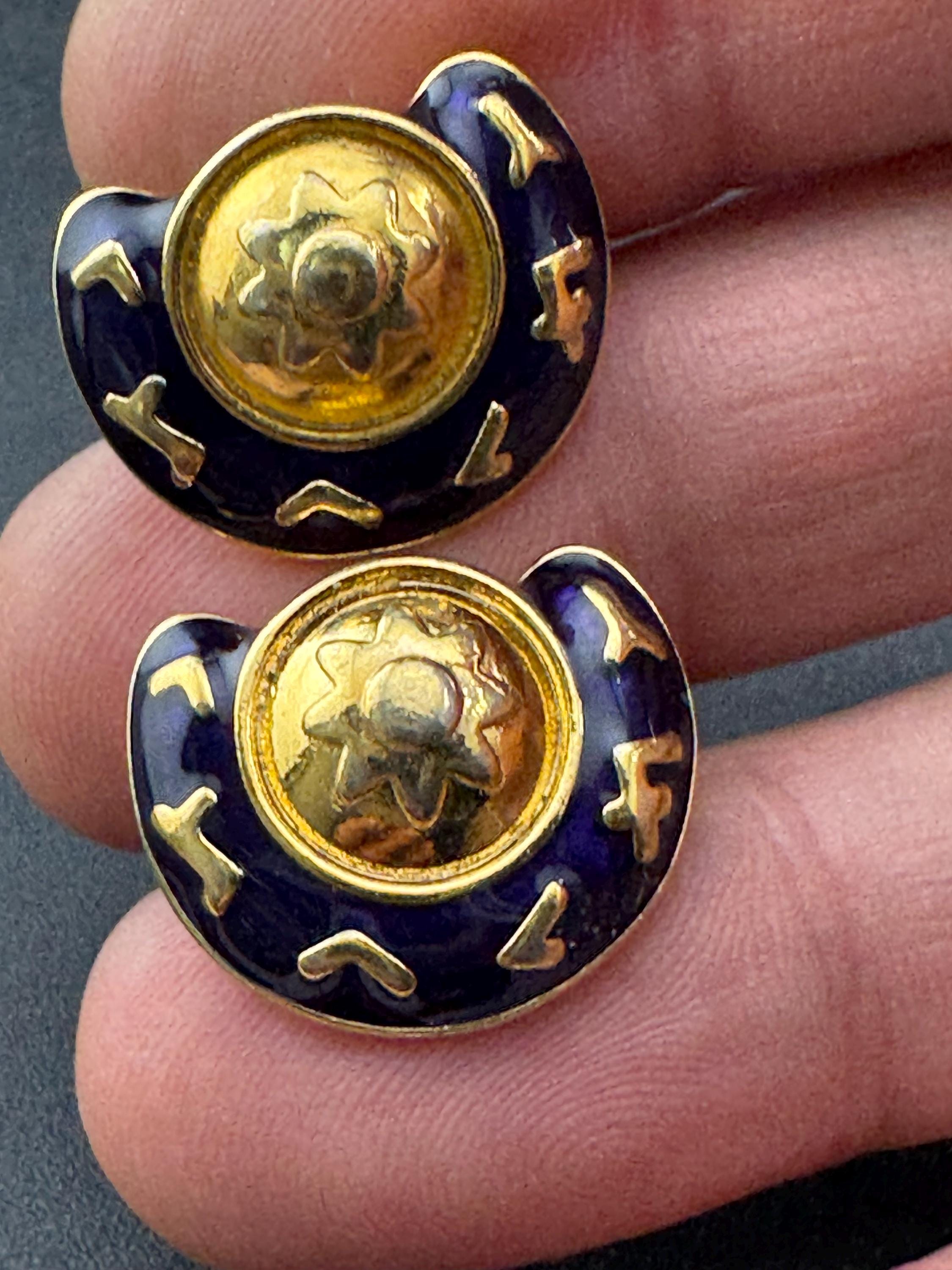 Vintage blue violet enamel clip on stud round earrings gold tone