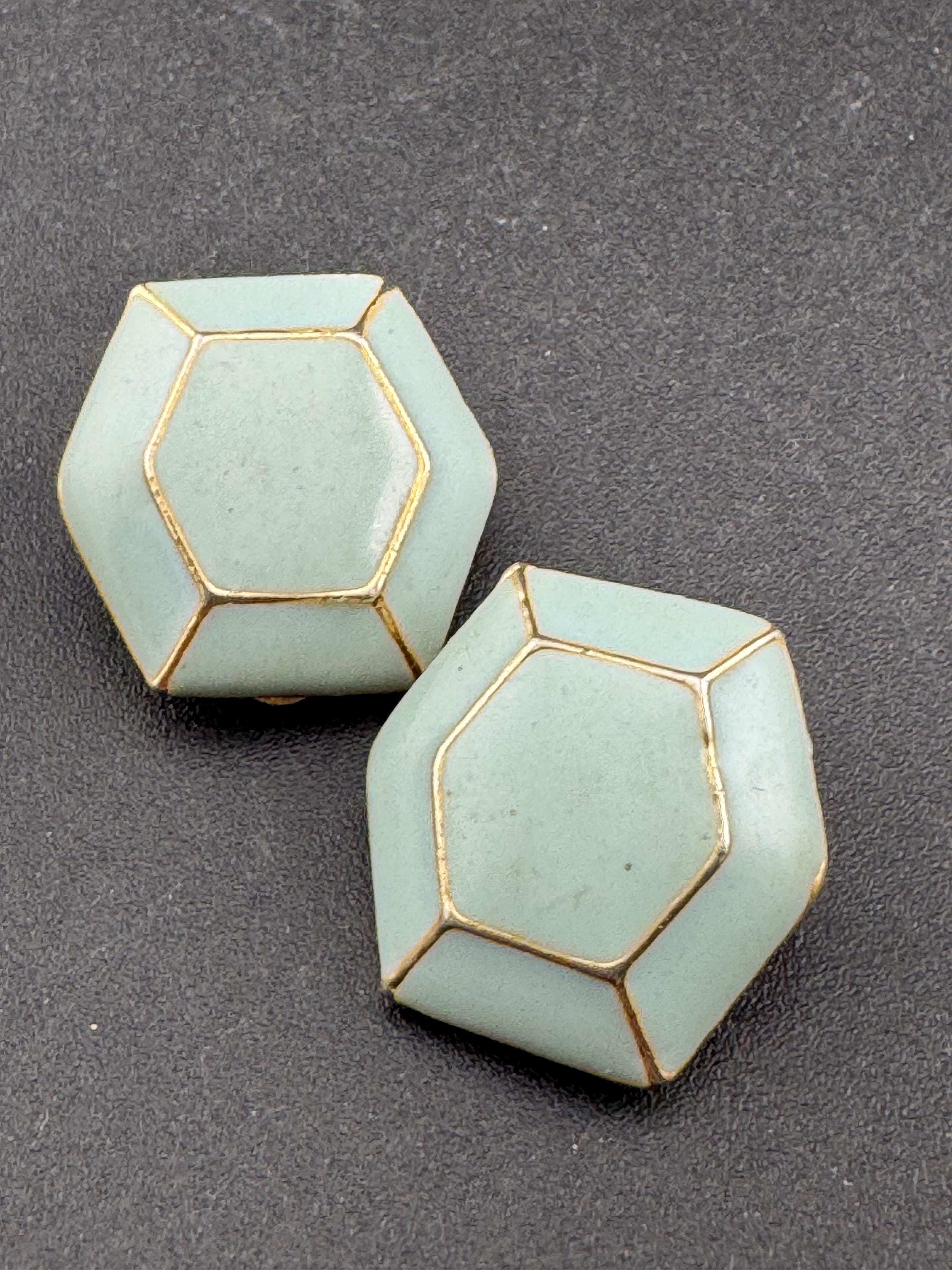 Vintage Ice Blue Enamel Clip On Earrings: 1980s Gold Tone Button