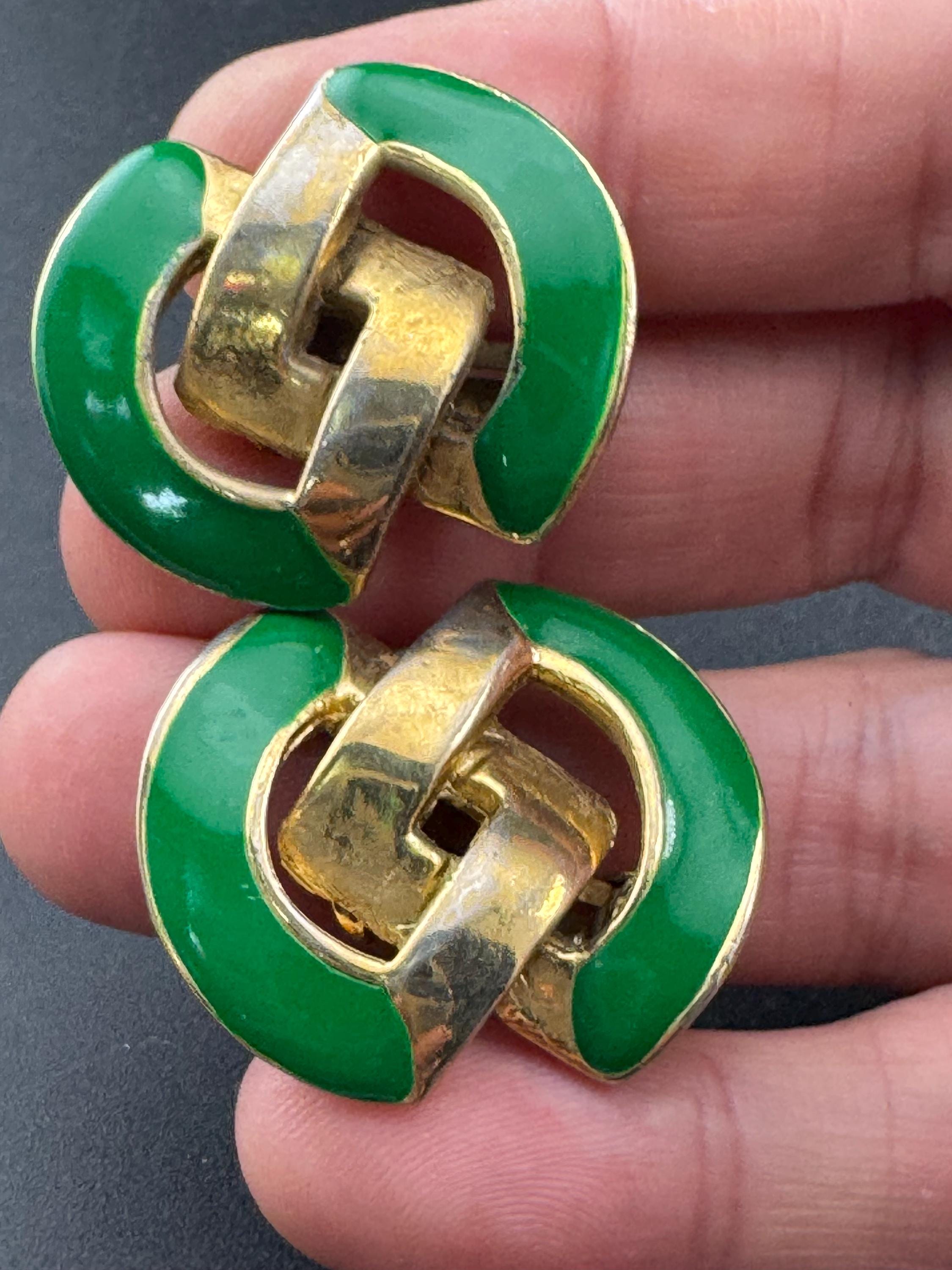 Vintage Oversized Gold Tone Clip On Earrings: Bright Green Enamel, 1980s Statement