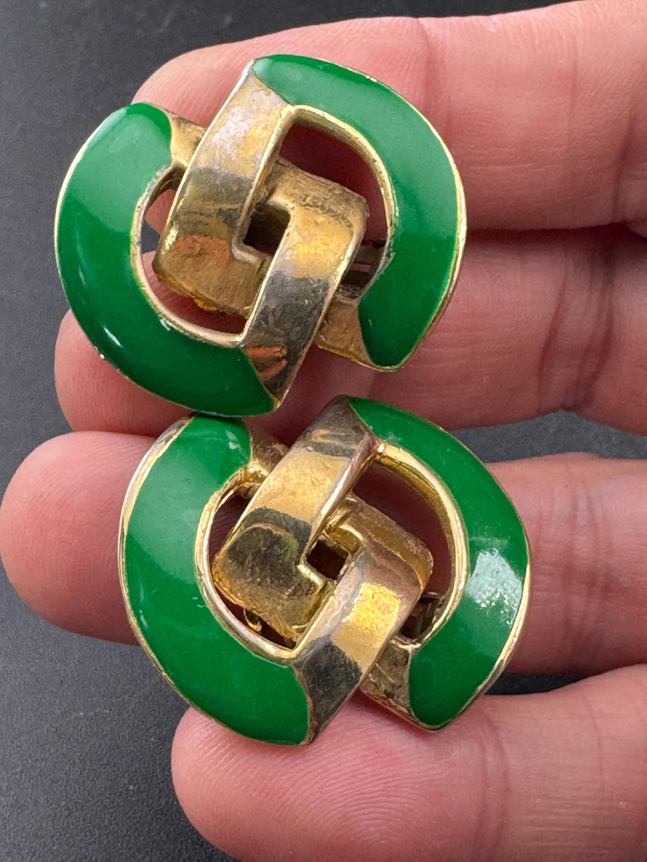 Vintage Oversized Gold Tone Clip On Earrings: Bright Green Enamel, 1980s Statement