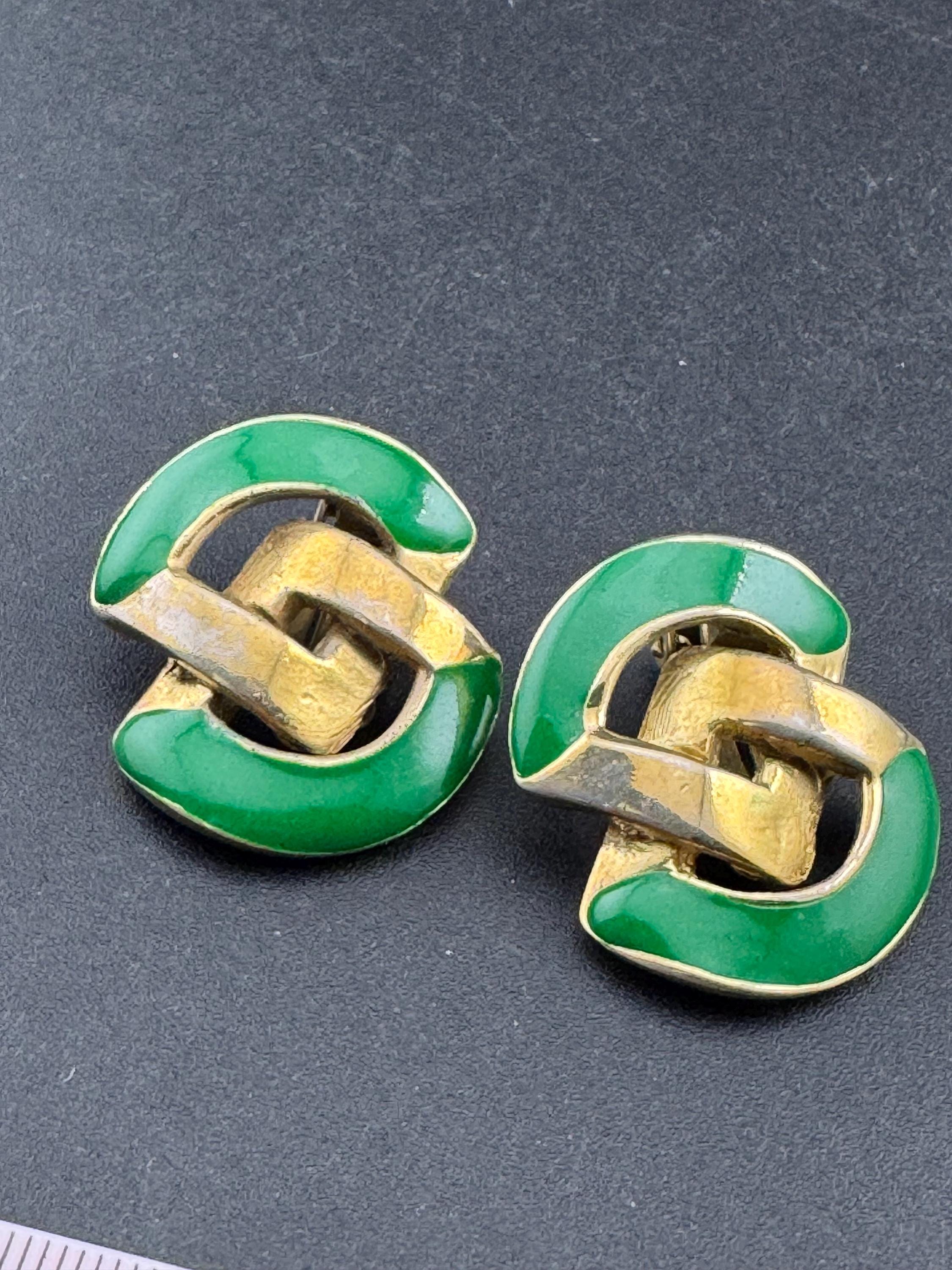 Vintage weighty oversized High End Gold tone gold tone bright green  enamel clip on earrings 1980s 1990s statement