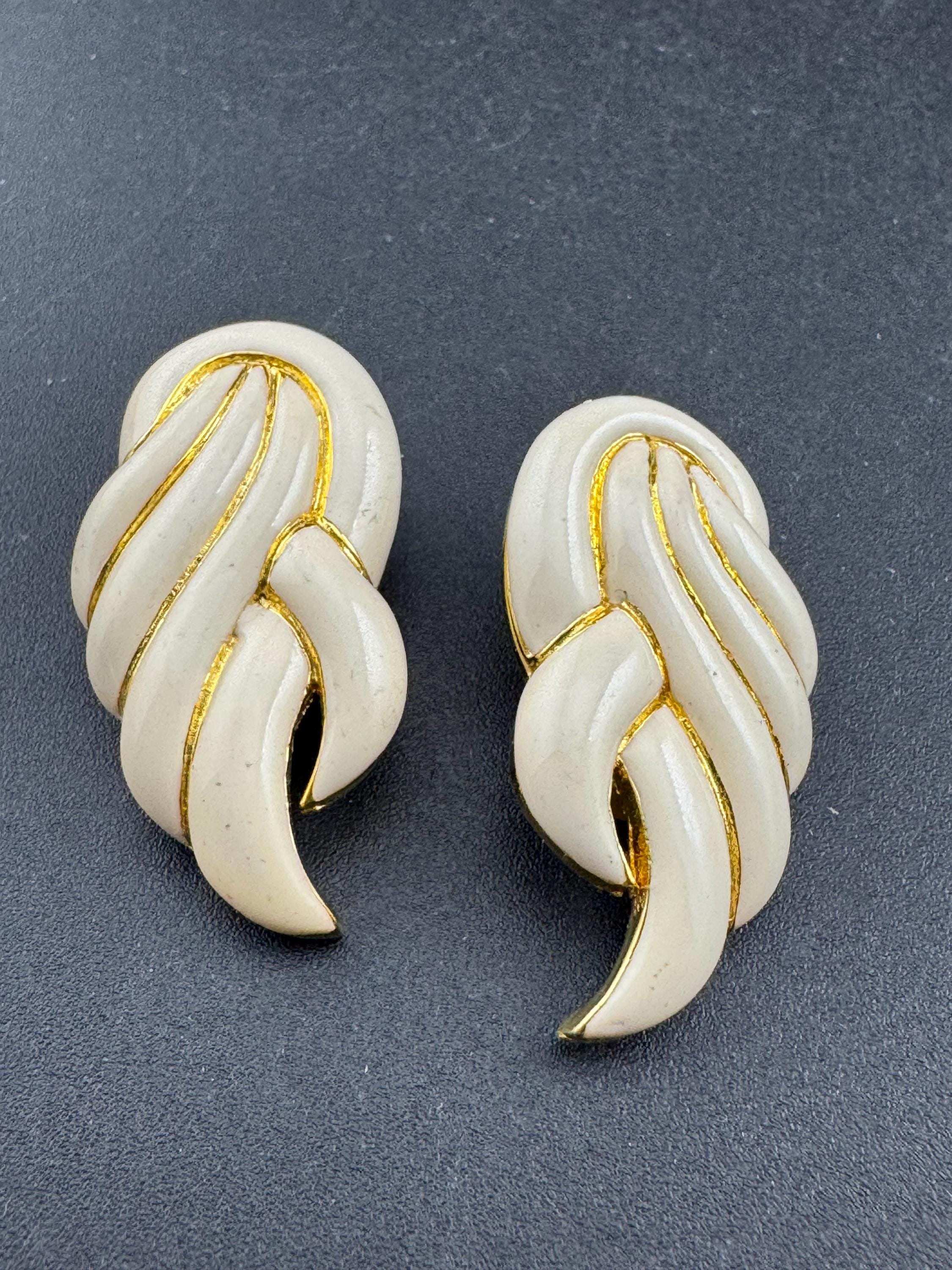 Vintage Oversized Gold Tone Clip On Earrings: Beige Enamel, 1980s-90s