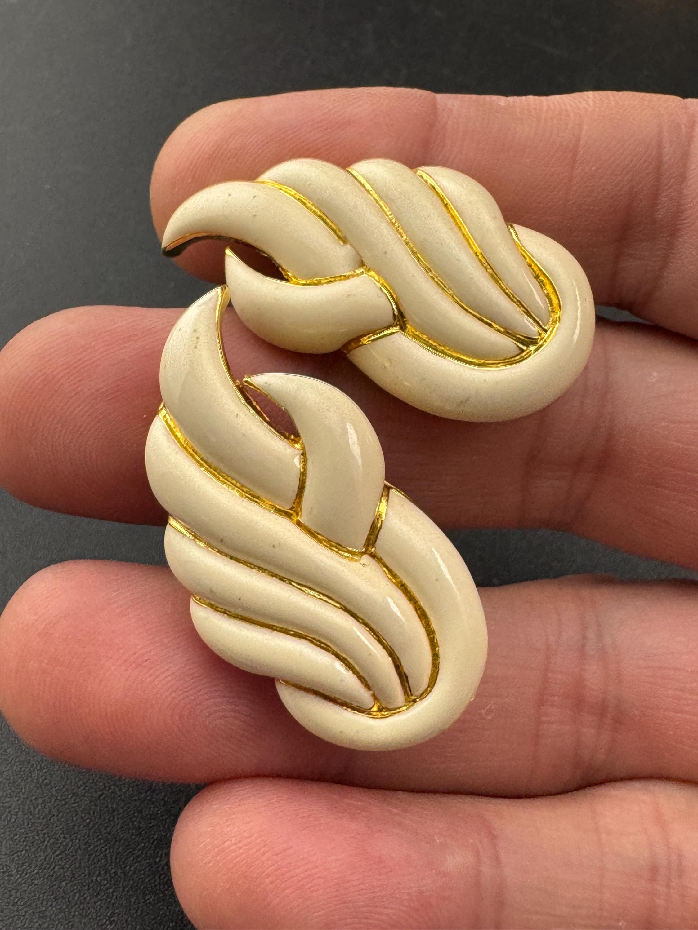 Vintage Oversized Gold Tone Clip On Earrings: Beige Enamel, 1980s-90s