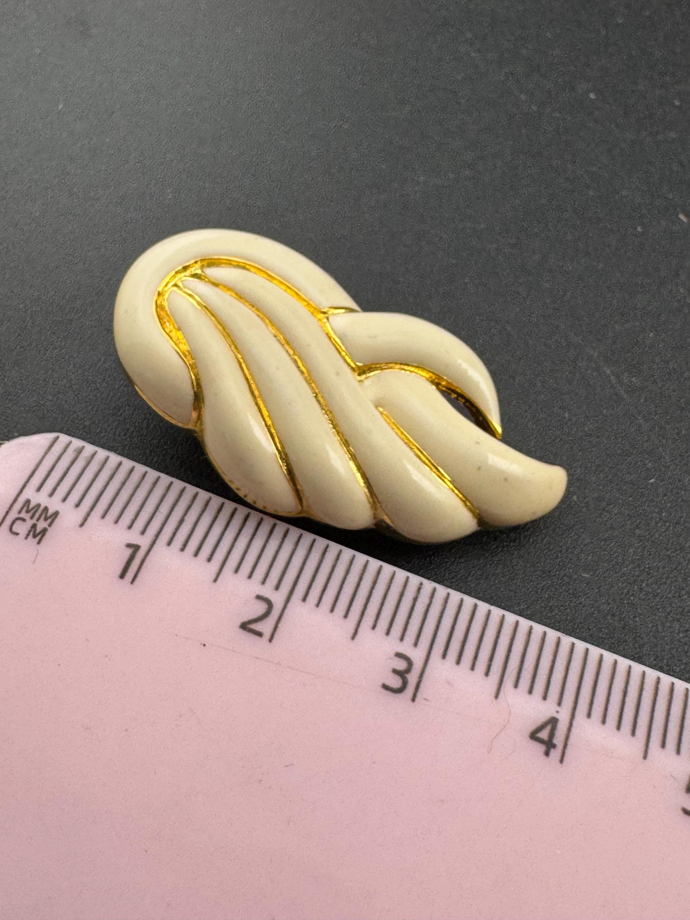 Vintage Oversized Gold Tone Clip On Earrings: Beige Enamel, 1980s-90s