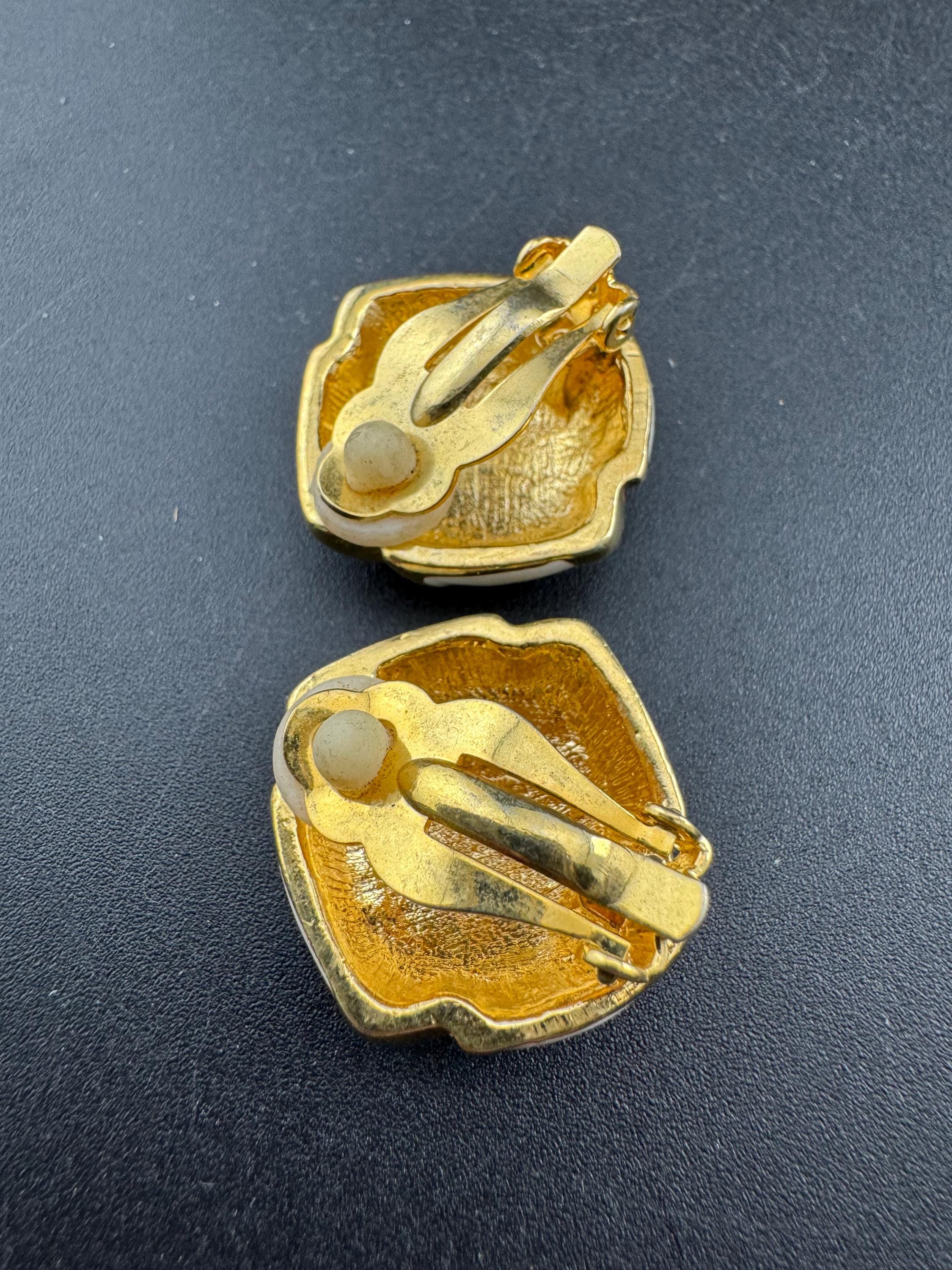 Vintage Retro Gold tone white gold square enamel clip on earrings 1980s 1990s statement