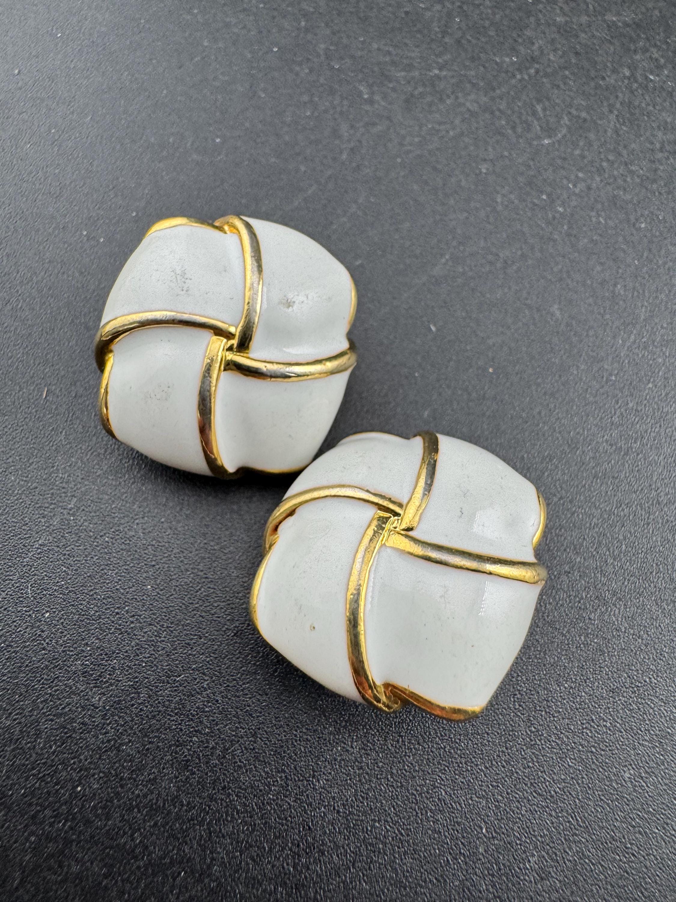Vintage Retro Gold tone white gold square enamel clip on earrings 1980s 1990s statement