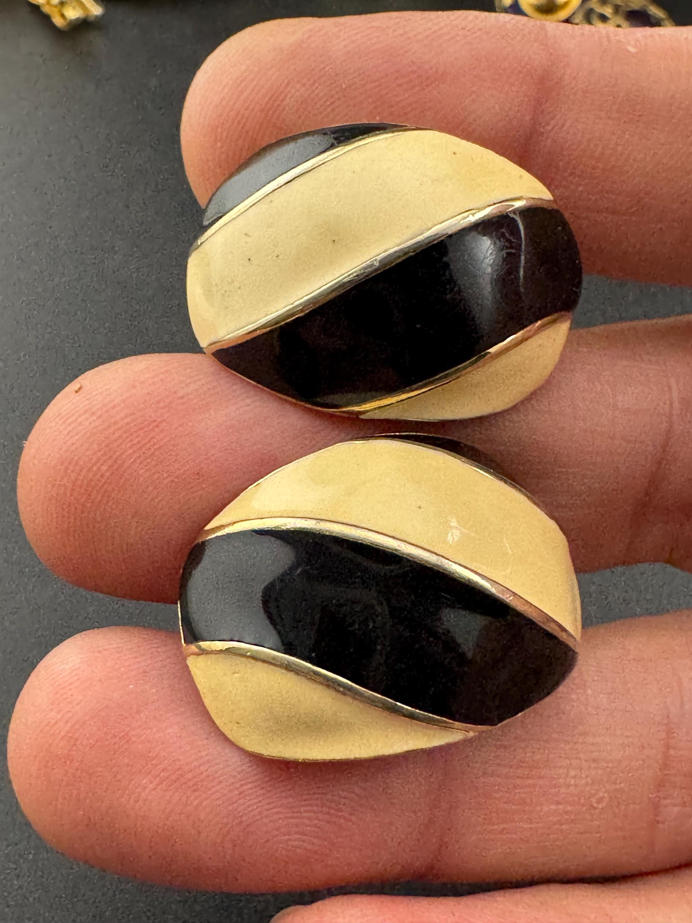 Vintage signed Vendome Gold tone cream striped enamel clip on earrings