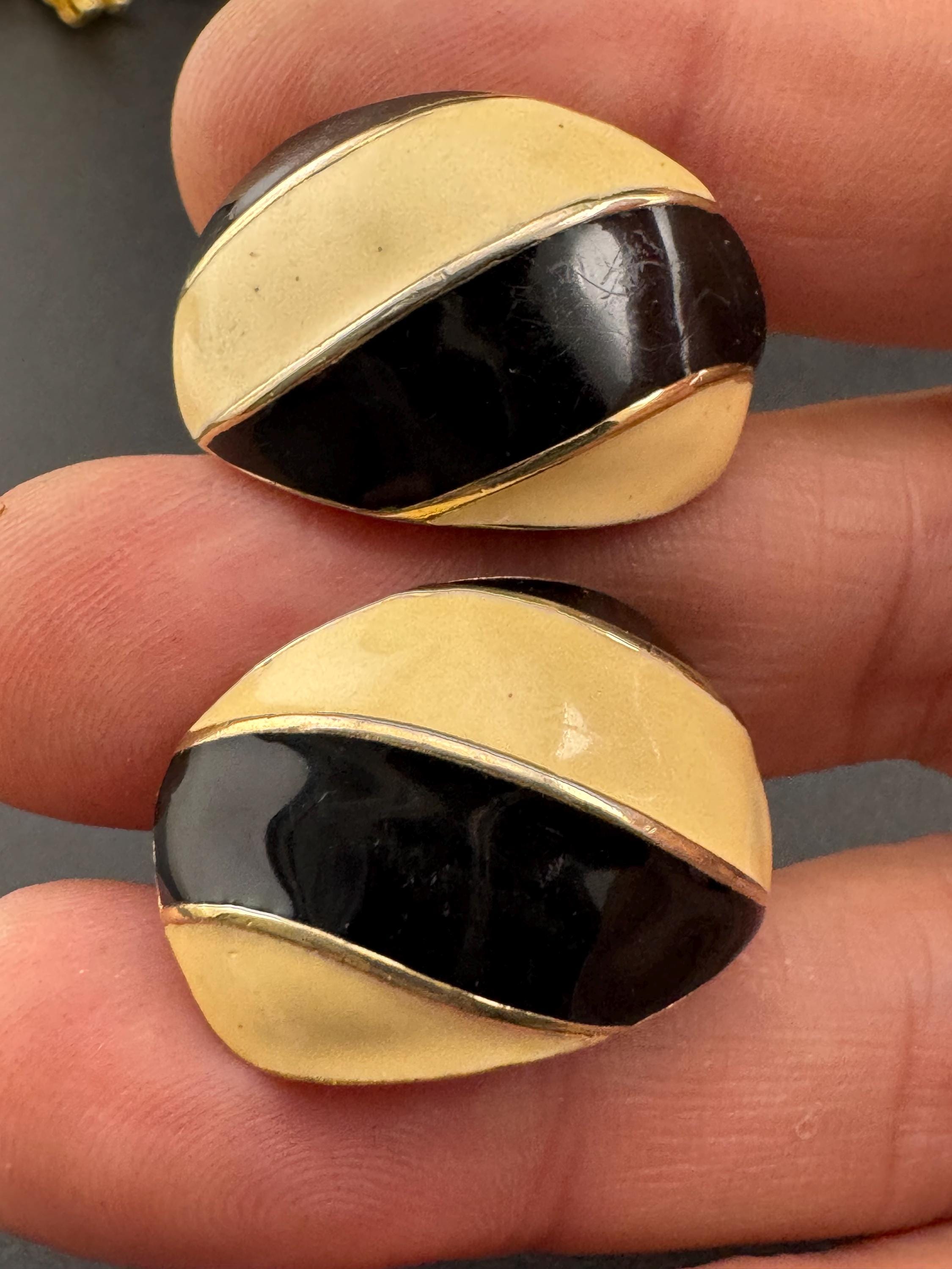 Vintage signed Vendome Gold tone cream striped enamel clip on earrings