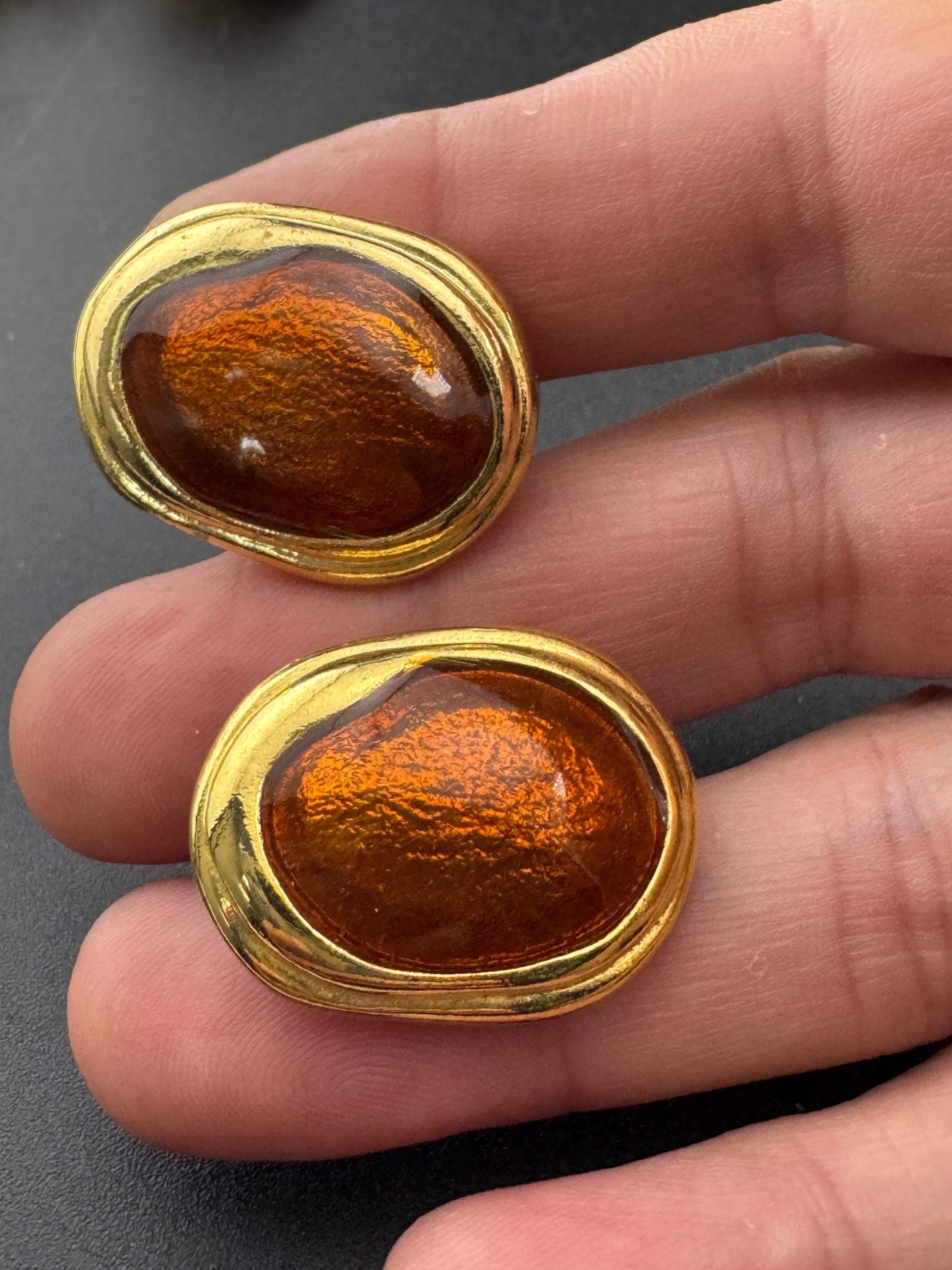 Vintage brown bronze enamel gold tone oval Clip On Stud Earrings 1980s retro