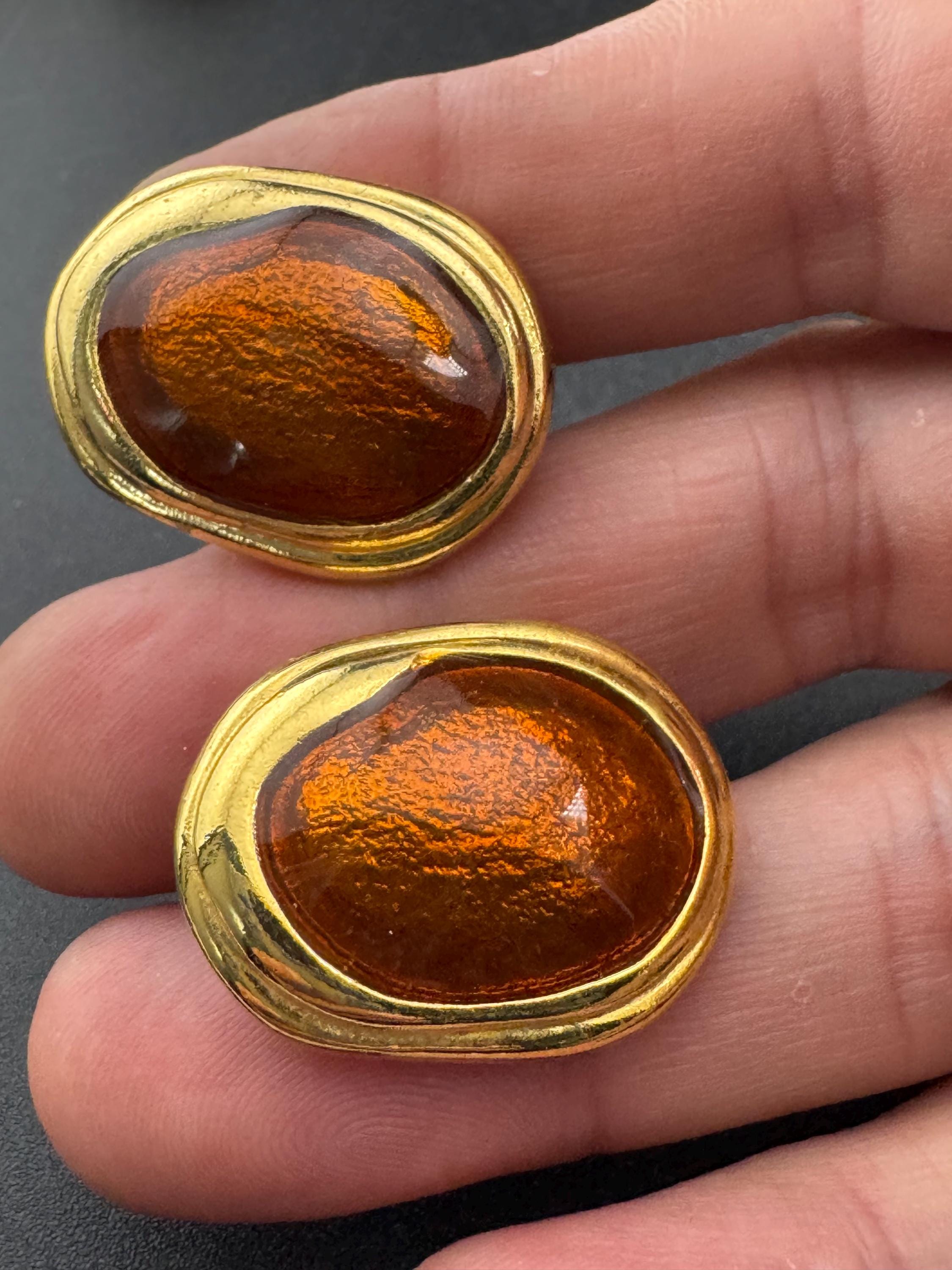 Vintage brown bronze enamel gold tone oval Clip On Stud Earrings 1980s retro