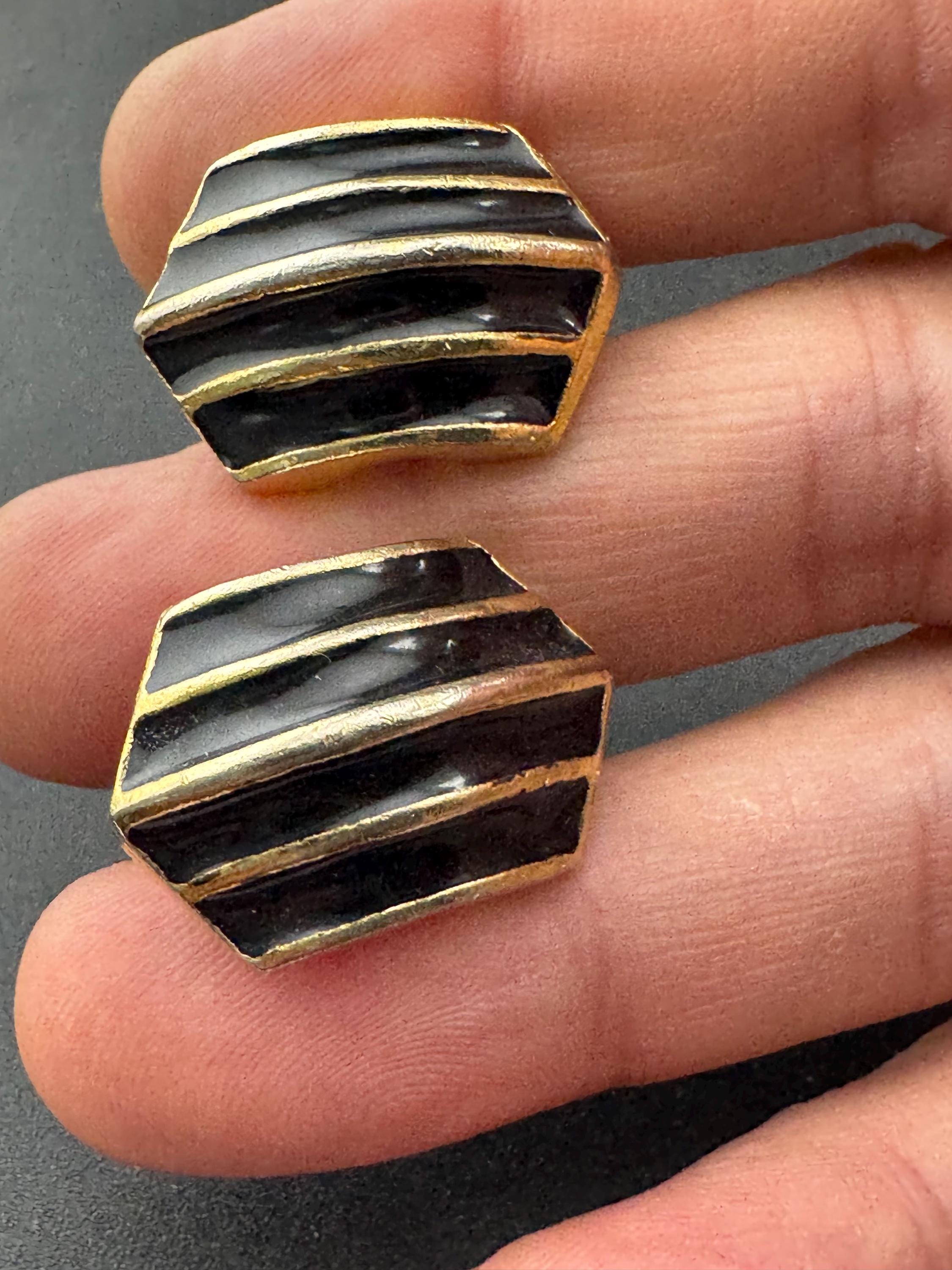 Vintage geometric shaped striped black enamel gold tone classic studs,  clip on earrings