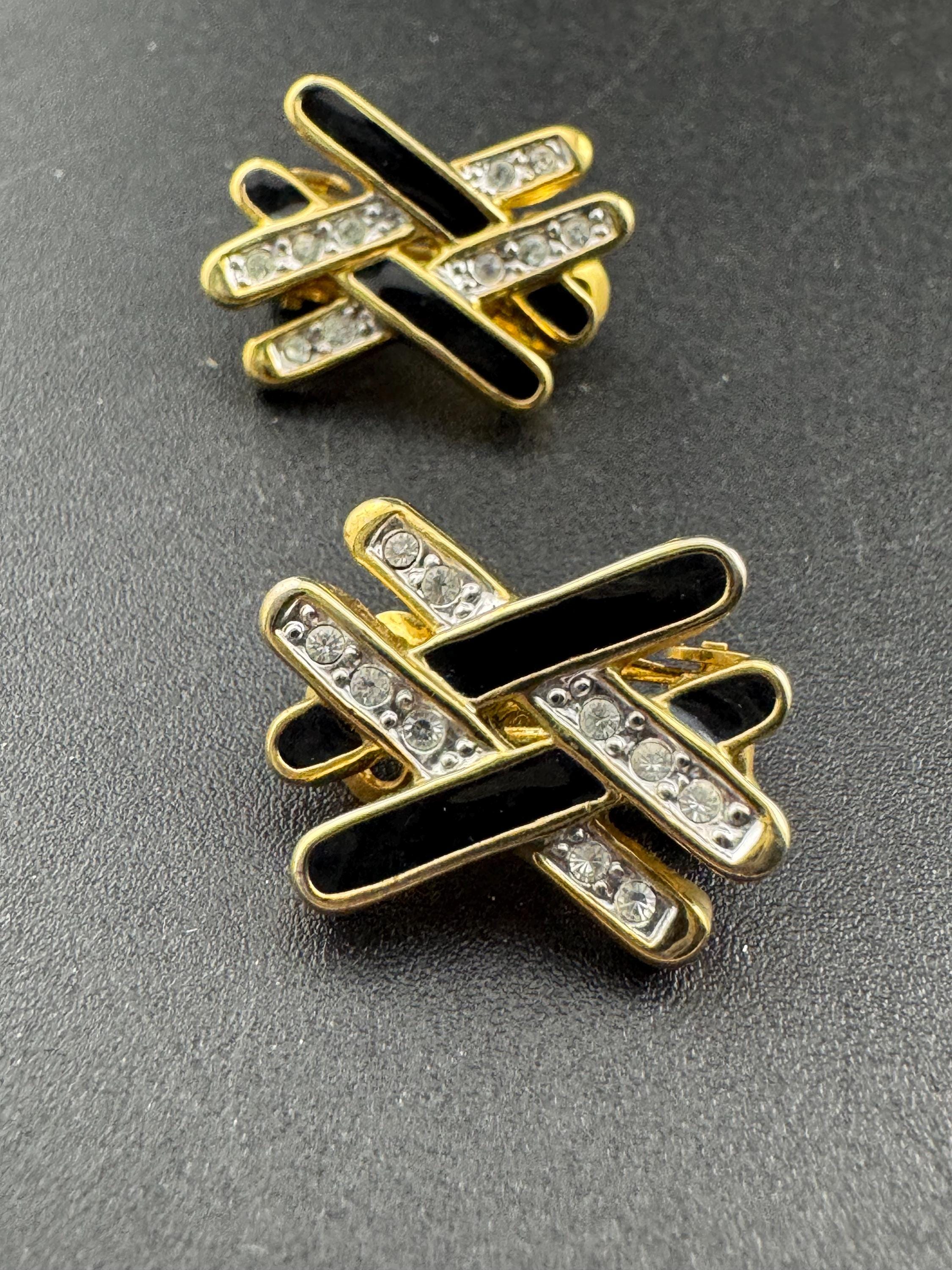 Vintage Gold tone black enamel clear diamanté paste geometric clip on earrings stud 1980s