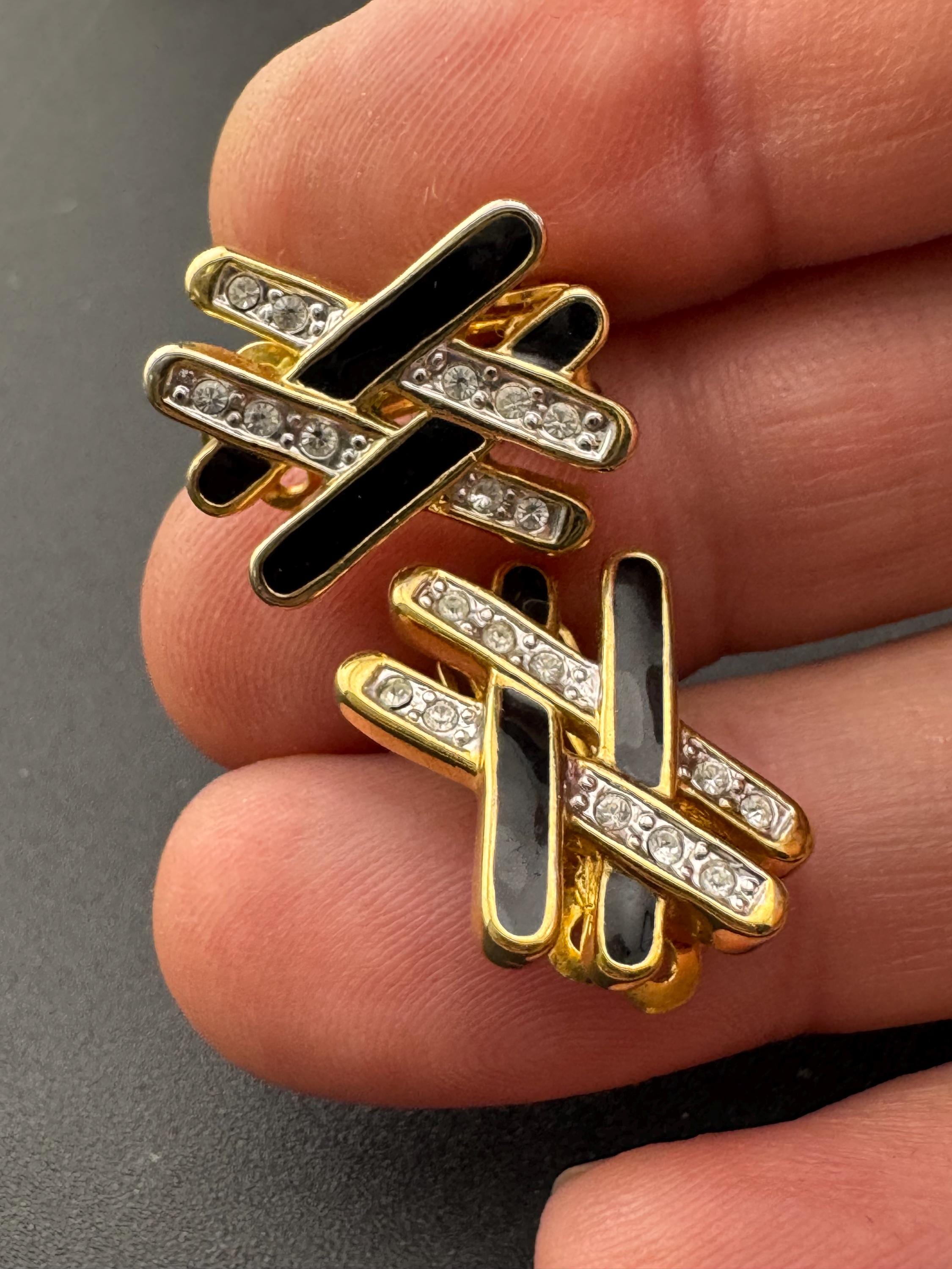 Vintage Gold tone black enamel clear diamanté paste geometric clip on earrings stud 1980s